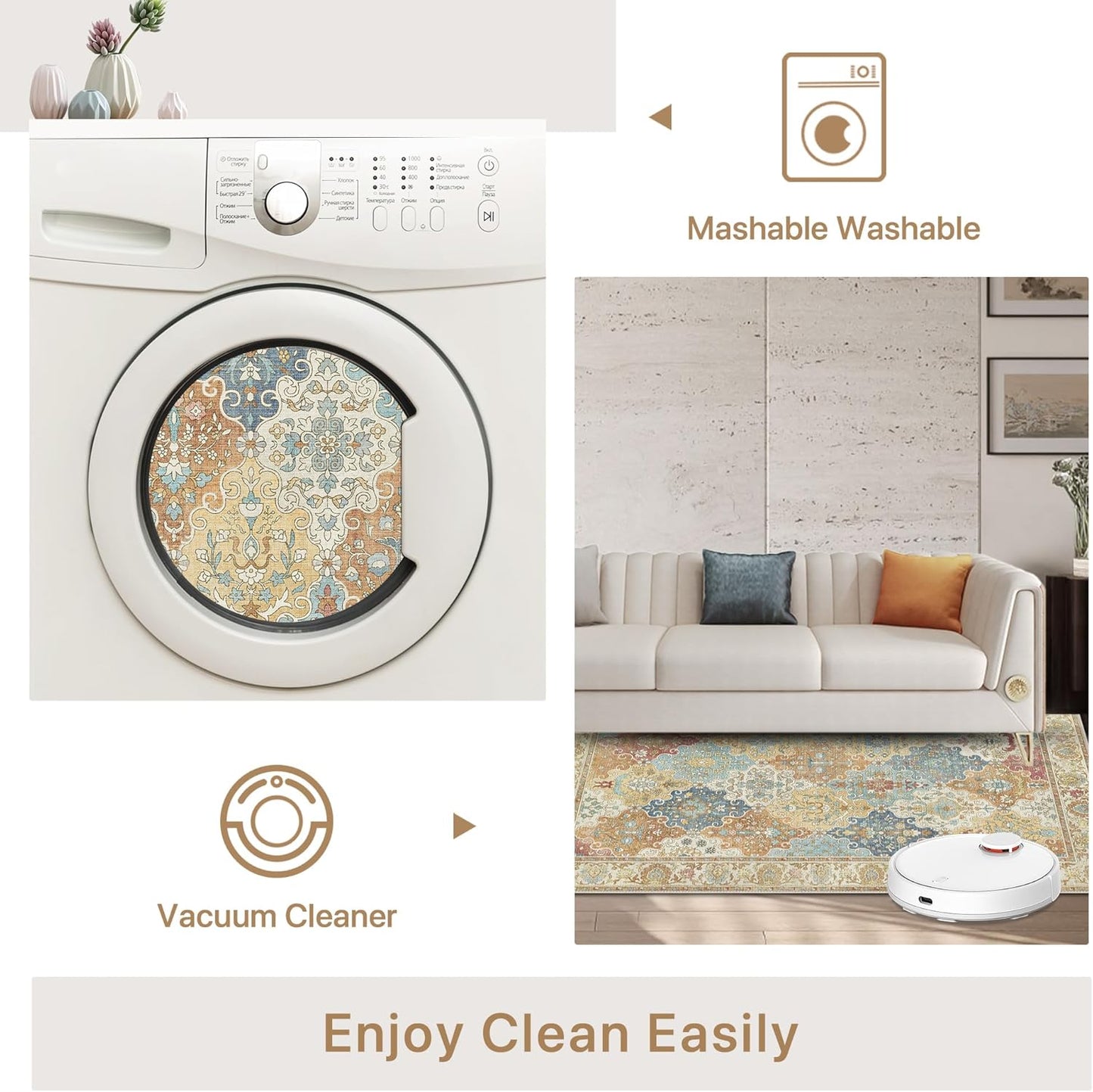 GENIMO Lightweight Vintage Diamond Floral Print Machine Washable Area Rug