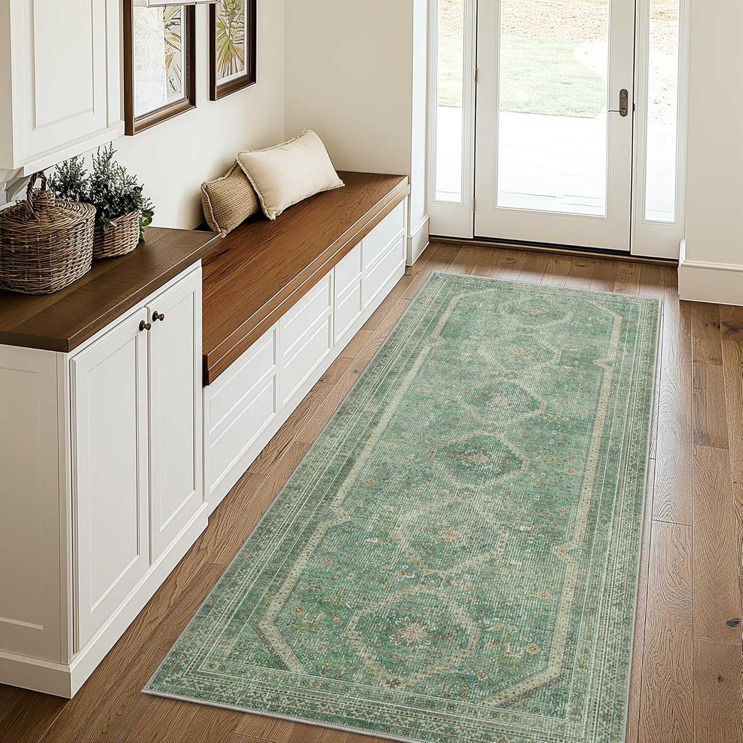 GENIMO Machine Washable Runner Rug Non Slip Carpet with Gripper Green/Blue