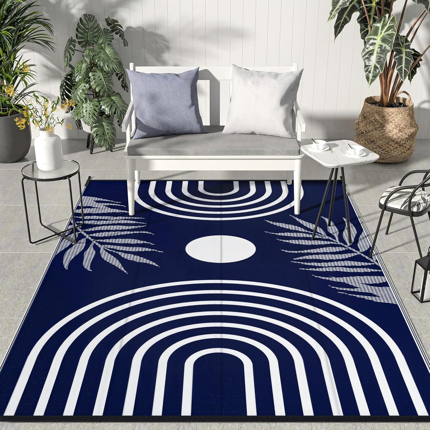 GENIMO Oval Stripe Geometric Pattern Reversible Waterproof Outdoor Rug