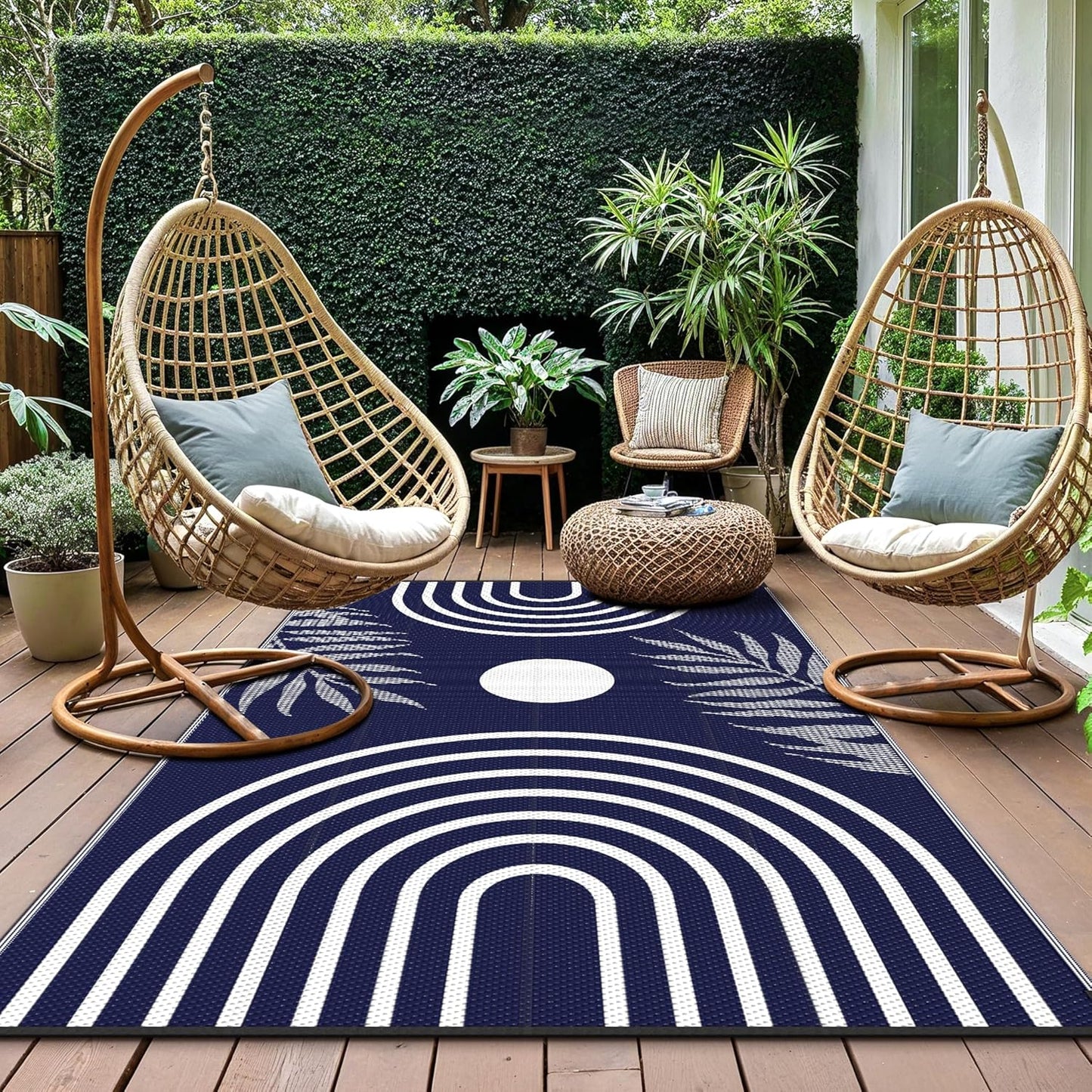 GENIMO Oval Stripe Geometric Pattern Reversible Waterproof Outdoor Rug