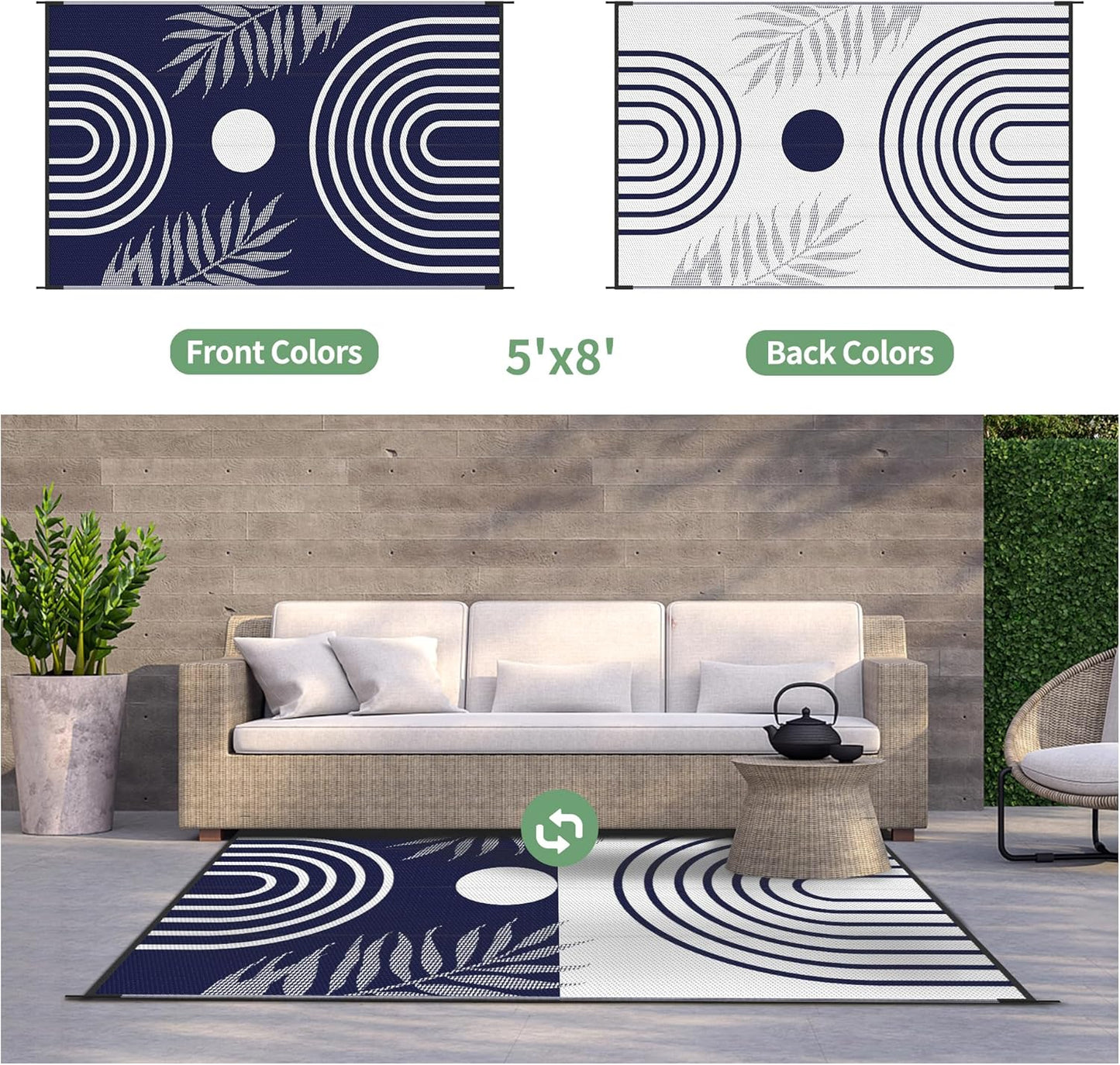 GENIMO Oval Stripe Geometric Pattern Reversible Waterproof Outdoor Rug