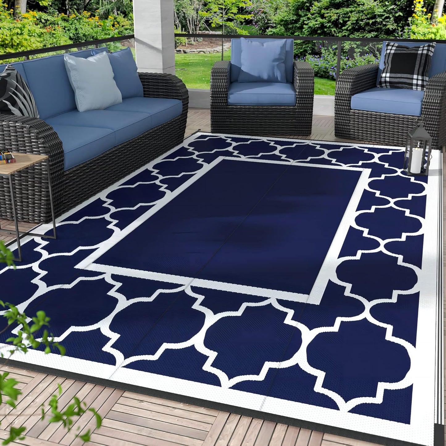 GENIMO Symmetrical Geometric Aesthetic Waterproof Reversible Outdoor Rug Blue