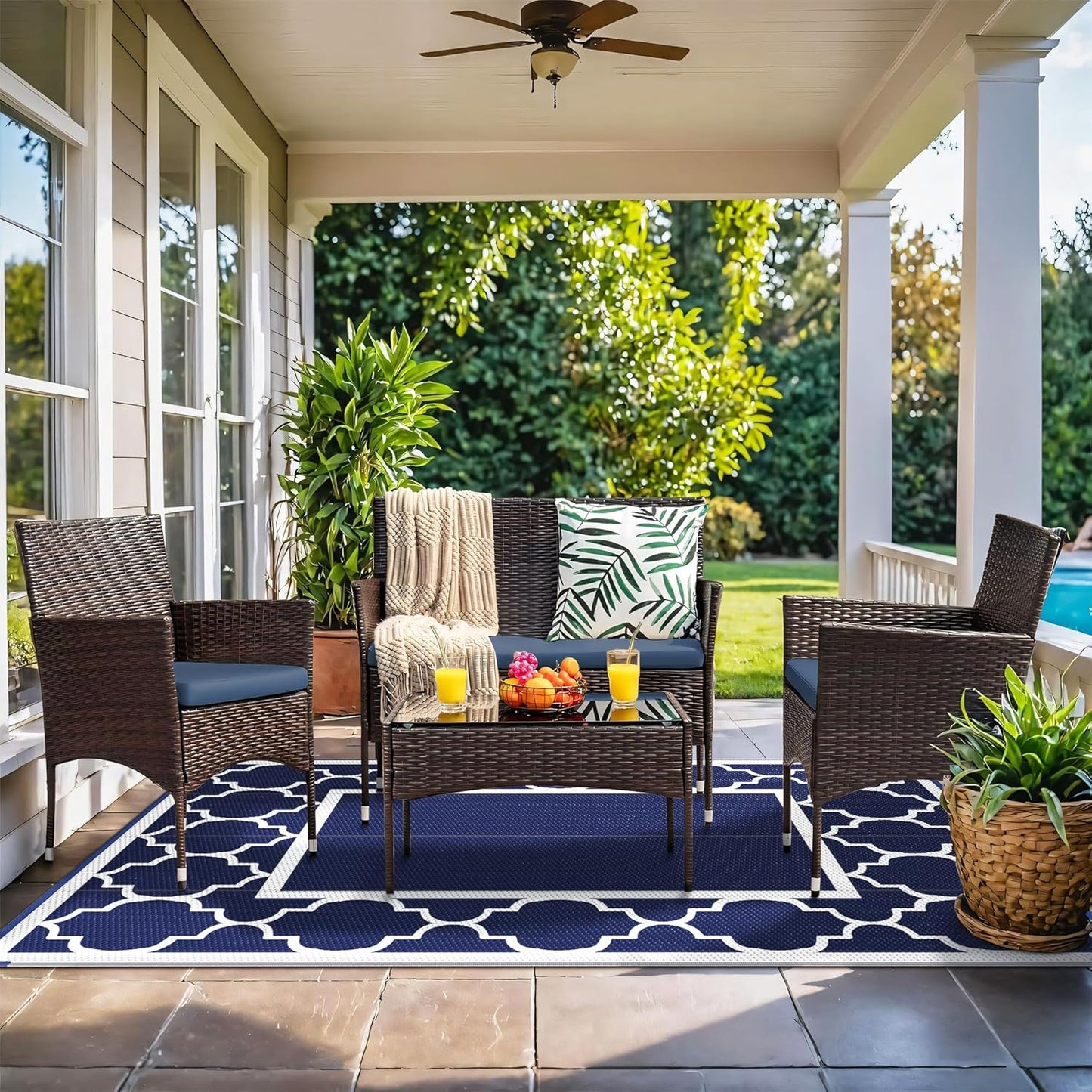 GENIMO Symmetrical Geometric Aesthetic Waterproof Reversible Outdoor Rug Blue