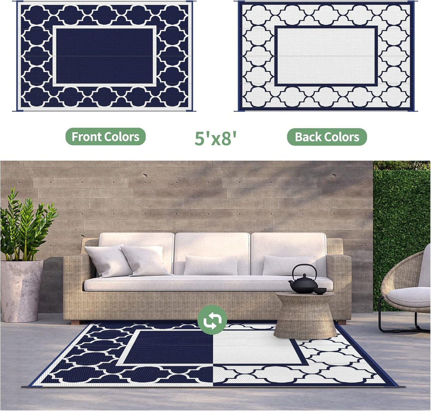 GENIMO Symmetrical Geometric Aesthetic Waterproof Reversible Outdoor Rug Blue