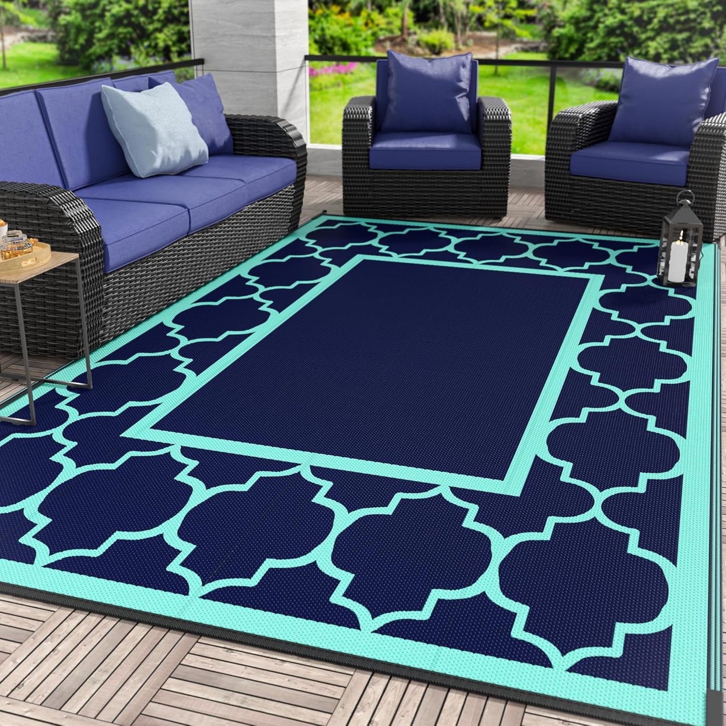 GENIMO Symmetrical Geometric Aesthetic Waterproof Reversible Outdoor Rug Blue
