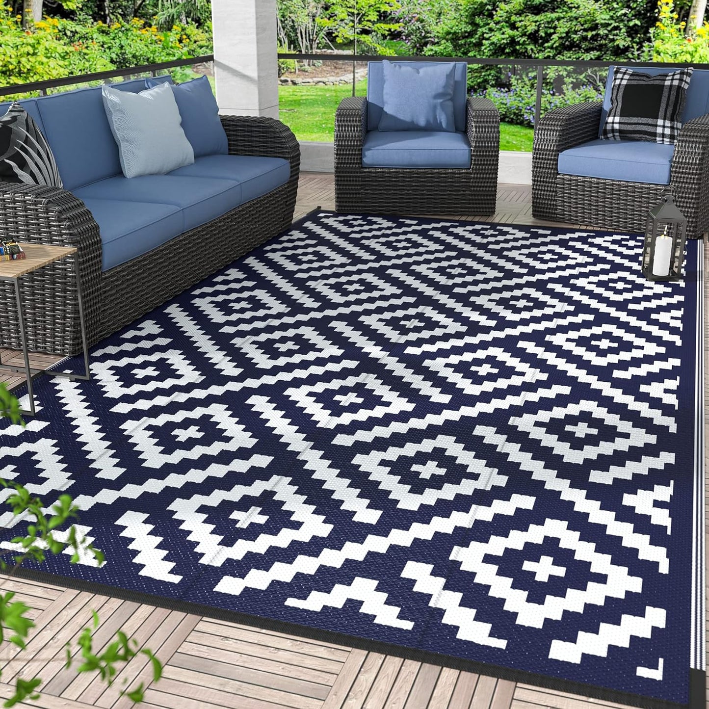 GENIMO Rhombic Printed Double Sided Waterproof Outdoor Rug Blue