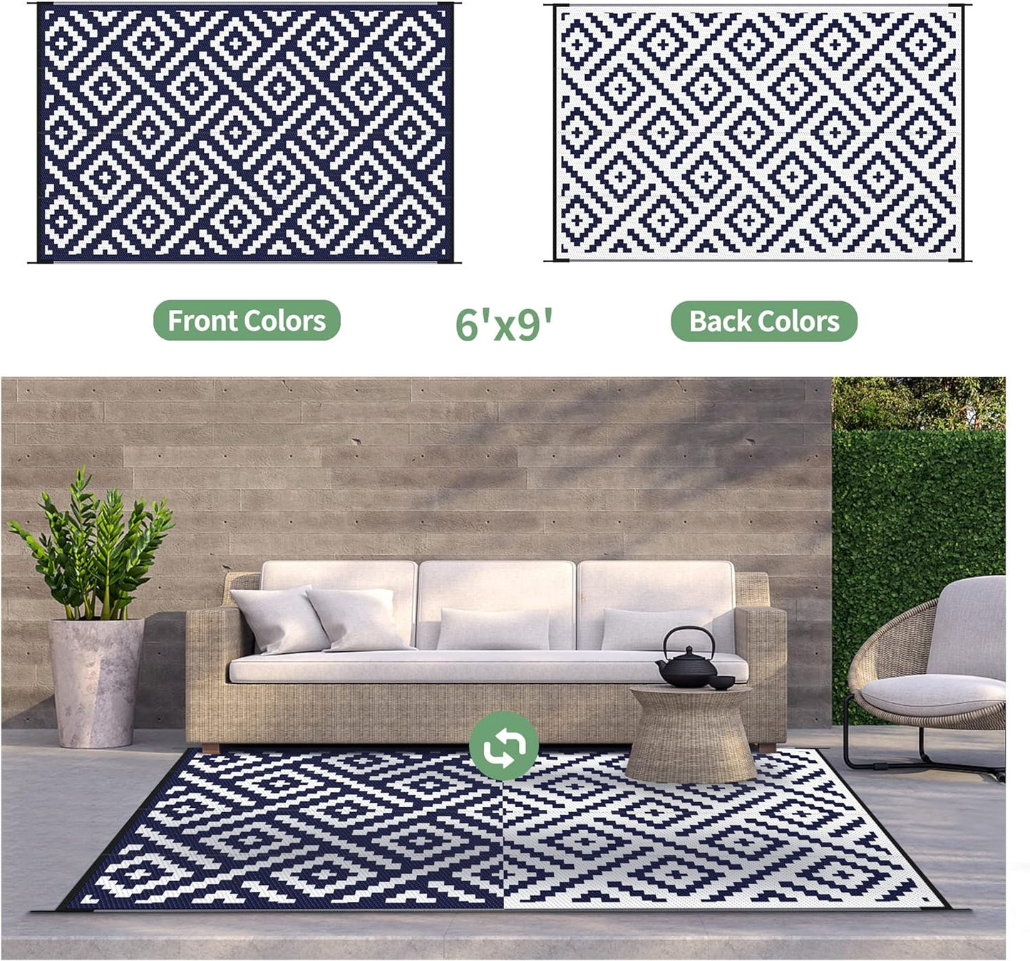 GENIMO Rhombic Printed Double Sided Waterproof Outdoor Rug Blue