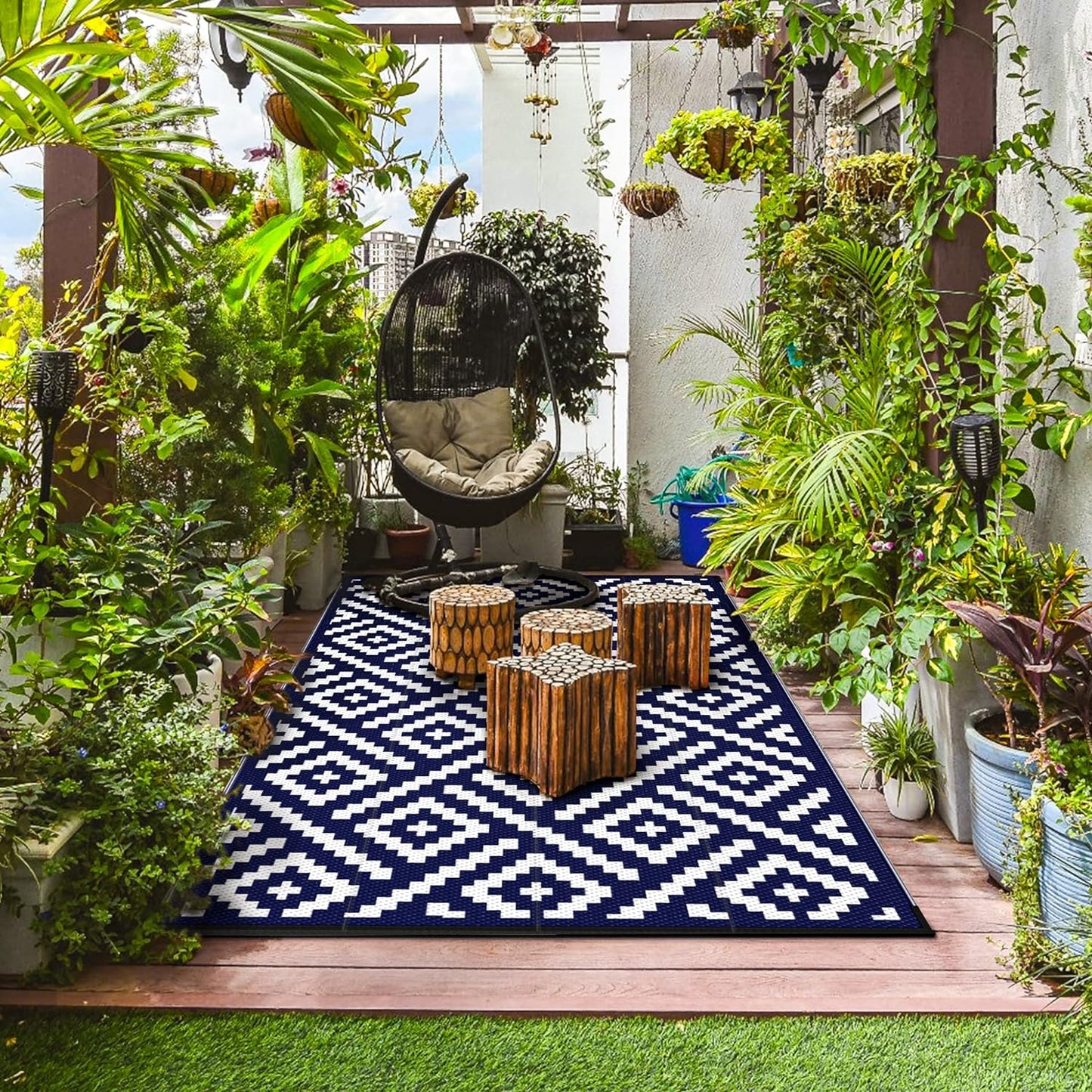 GENIMO Rhombic Printed Double Sided Waterproof Outdoor Rug Blue