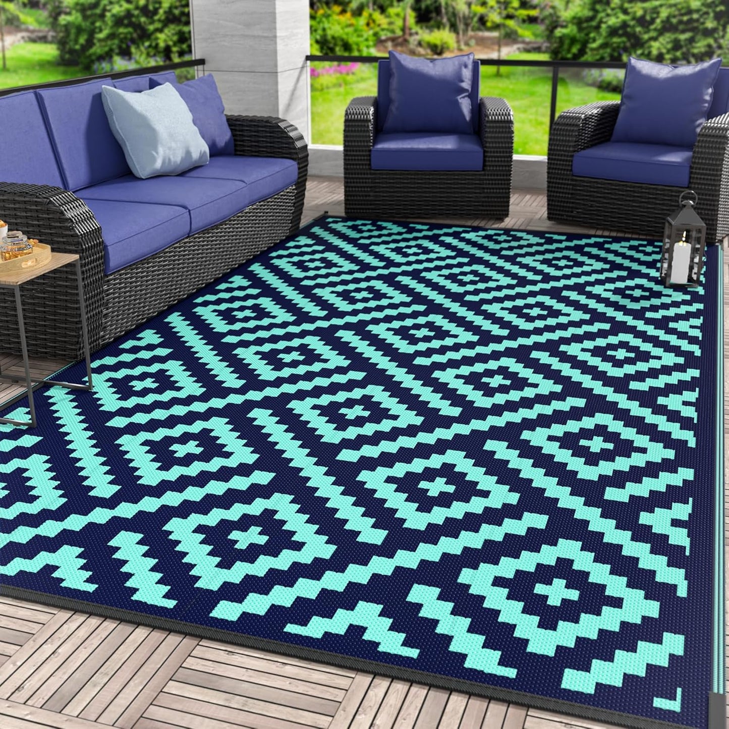 GENIMO Rhombic Printed Double Sided Waterproof Outdoor Rug Blue