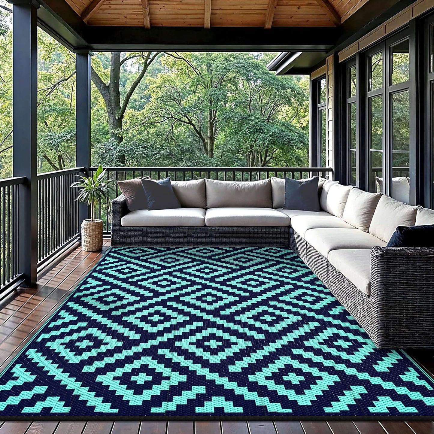 GENIMO Rhombic Printed Double Sided Waterproof Outdoor Rug Blue