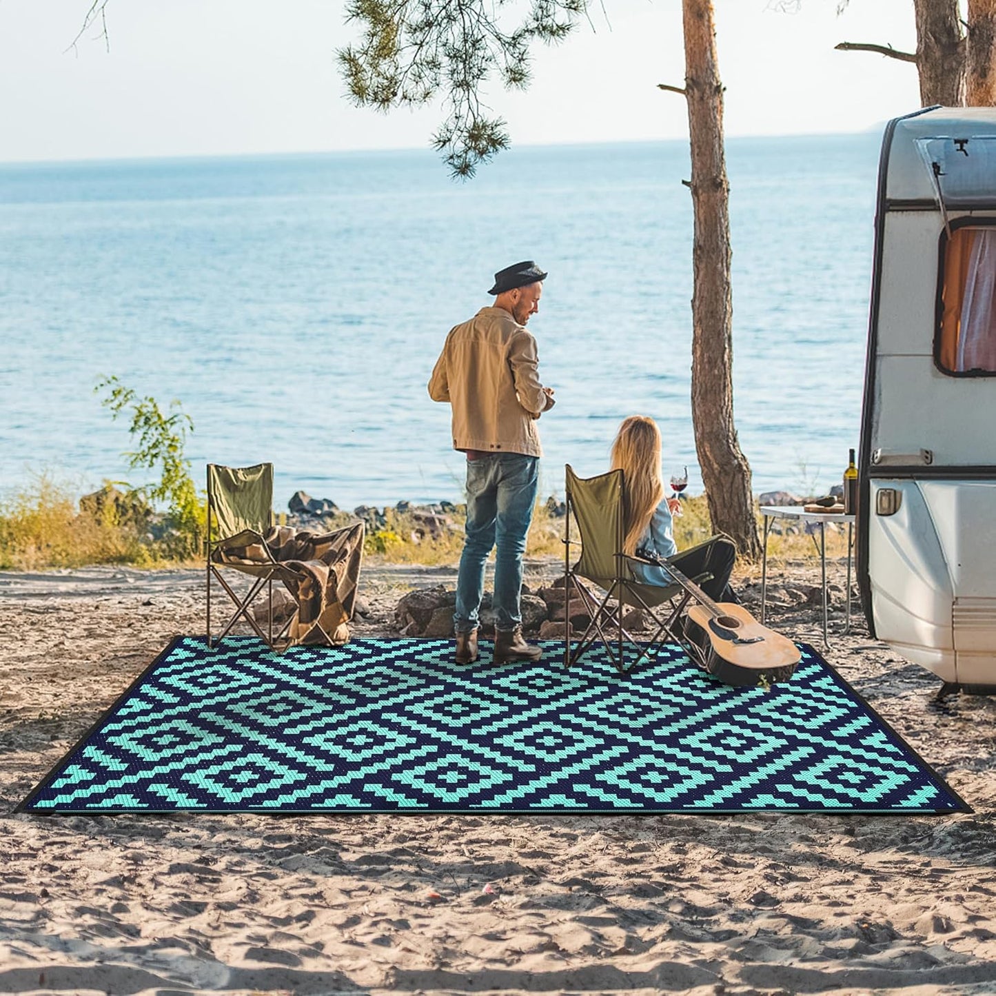 GENIMO Rhombic Printed Double Sided Waterproof Outdoor Rug Blue