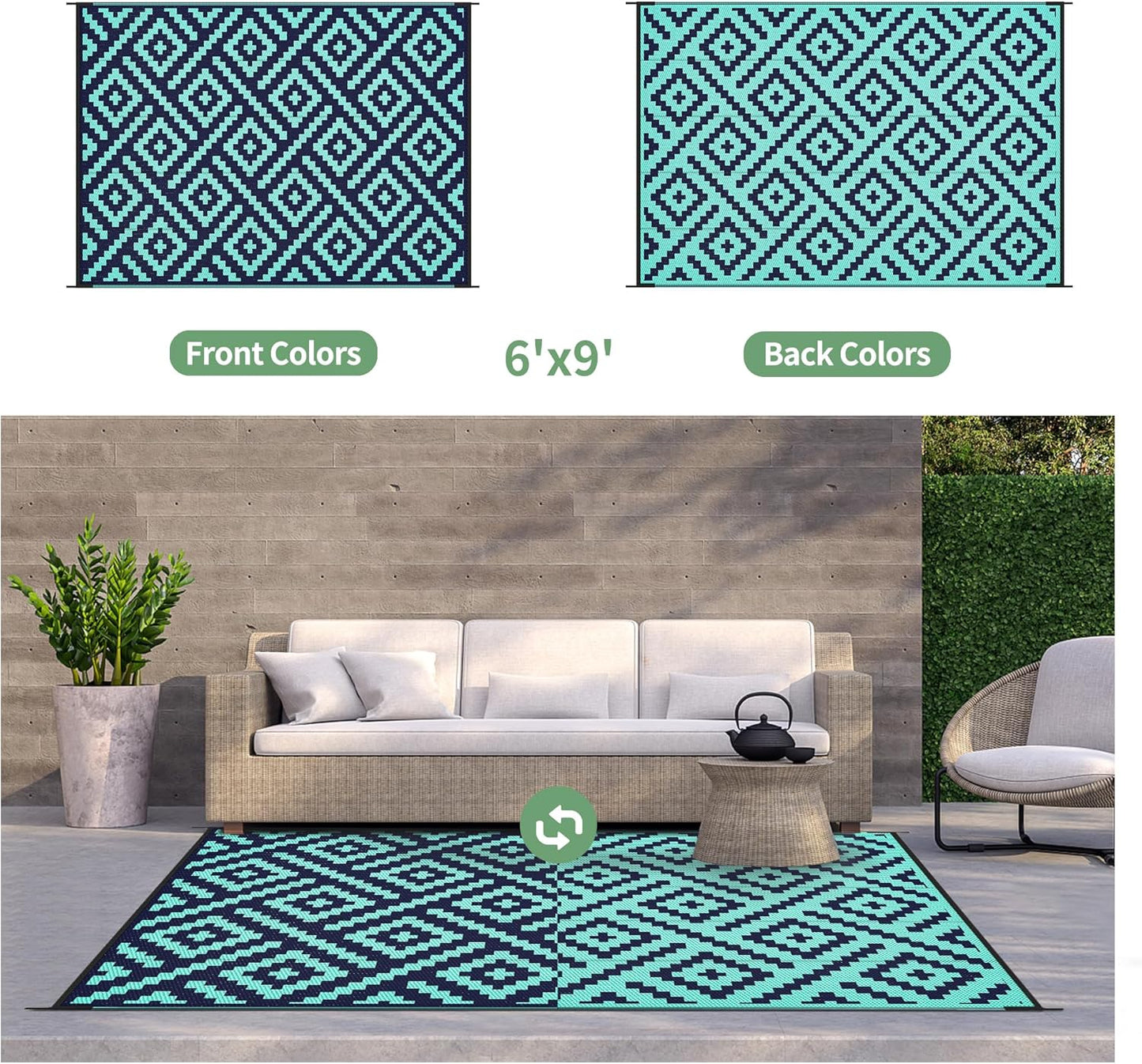 GENIMO Rhombic Printed Double Sided Waterproof Outdoor Rug Blue