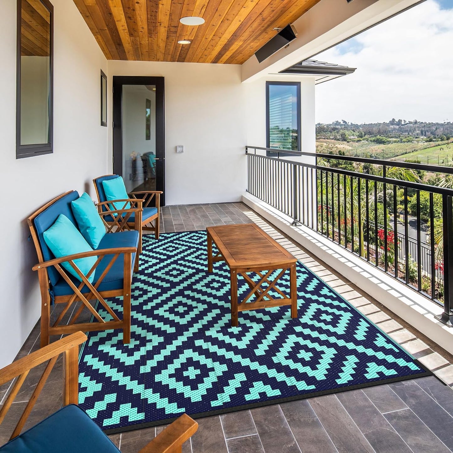 GENIMO Rhombic Printed Double Sided Waterproof Outdoor Rug Blue