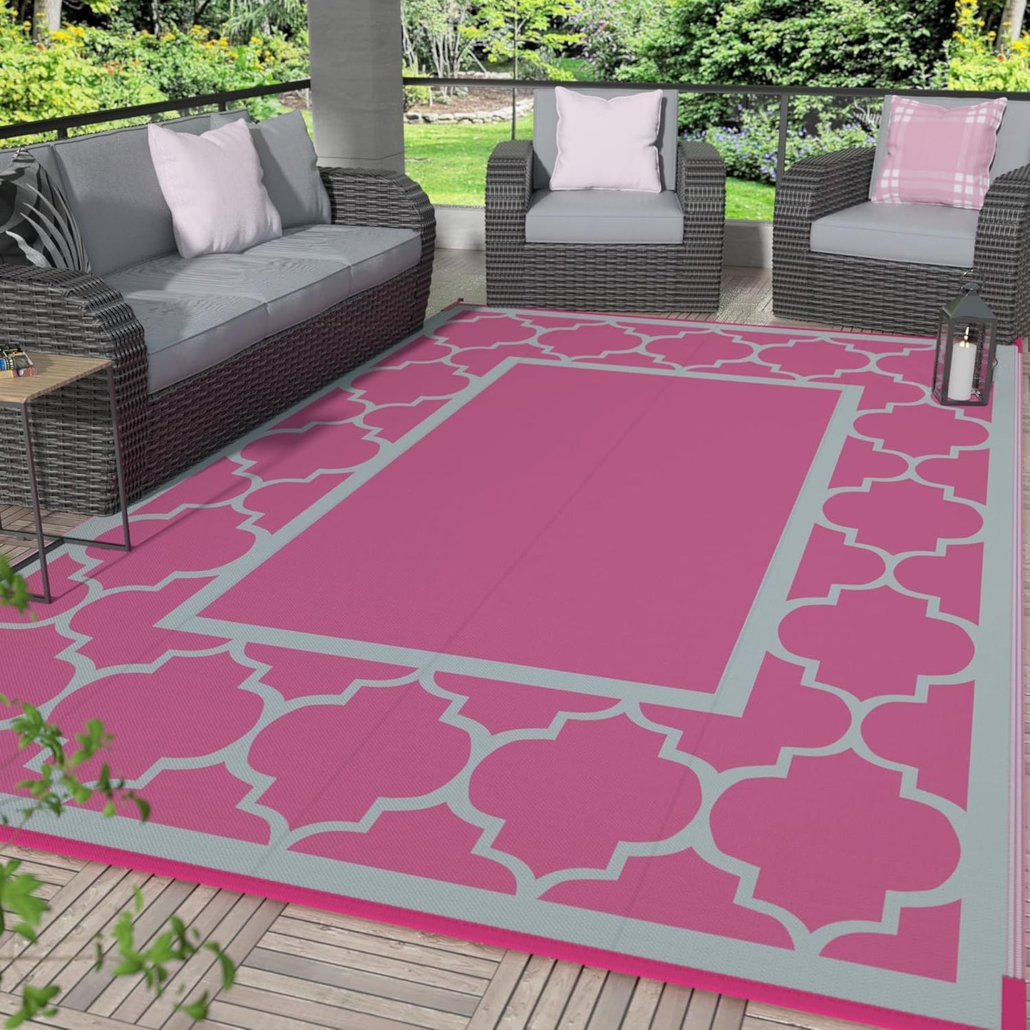 GENIMO Symmetrical Geometric Aesthetic Waterproof Reversible Outdoor Rug Gray
