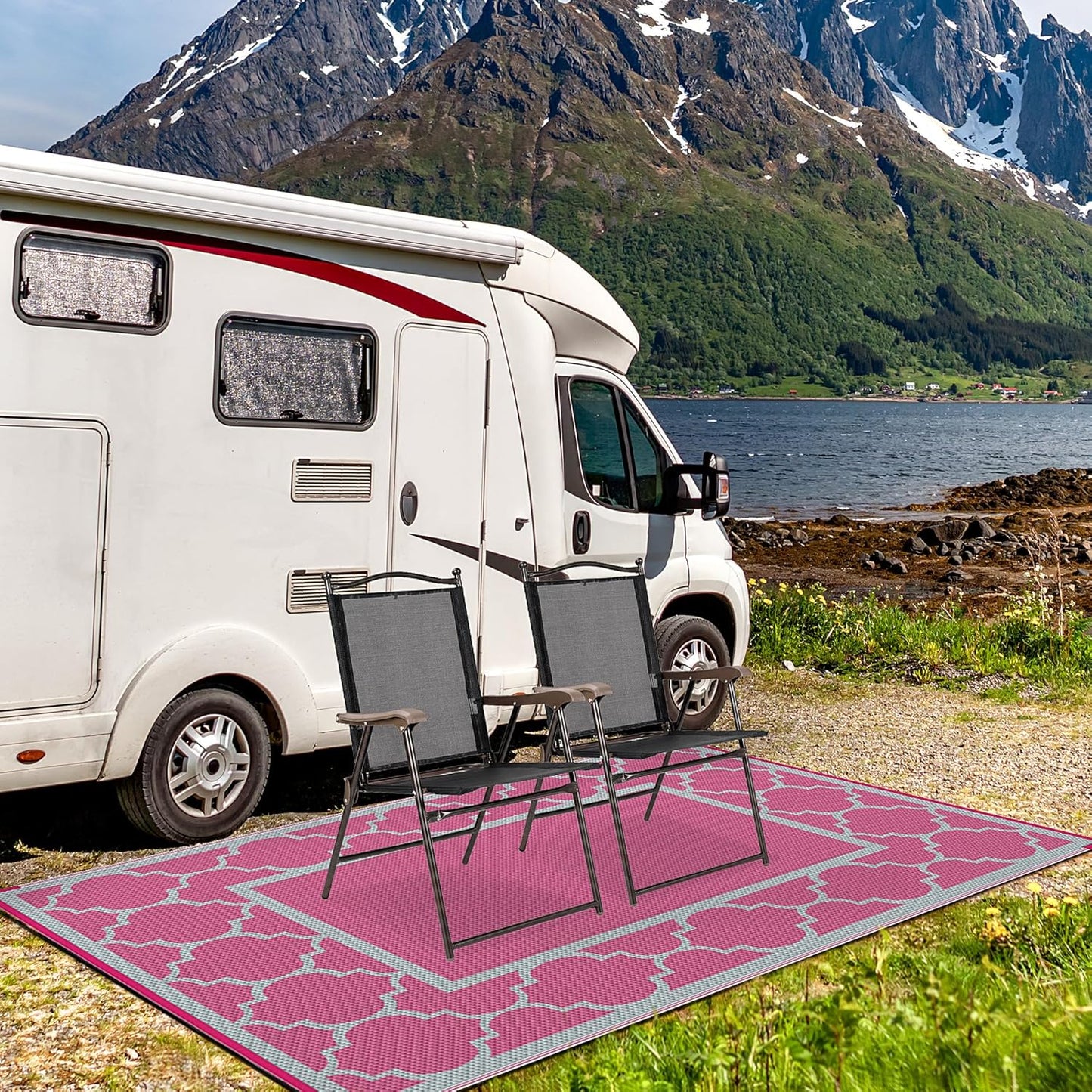 GENIMO Symmetrical Geometric Aesthetic Waterproof Reversible Outdoor Rug Gray