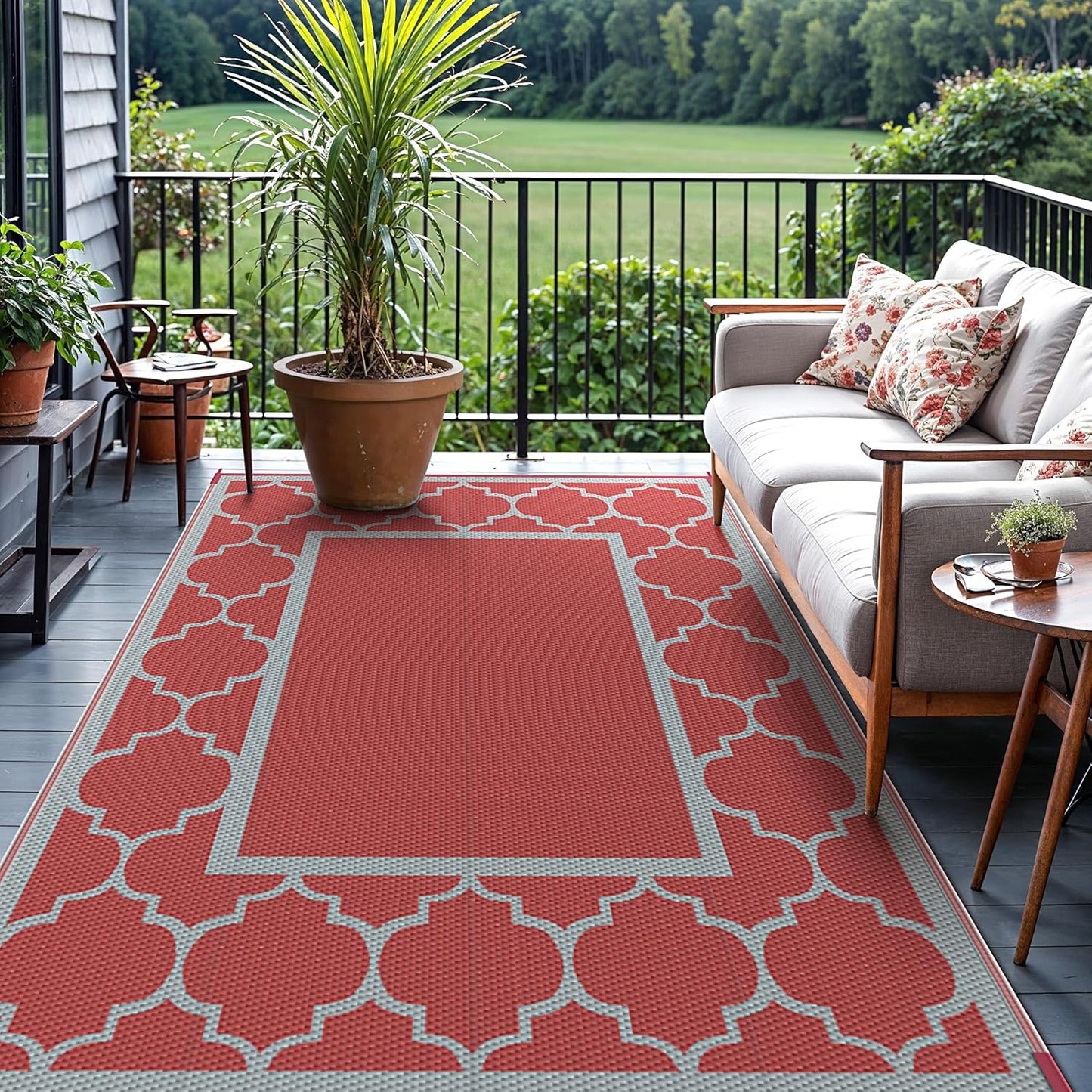 GENIMO Symmetrical Geometric Aesthetic Waterproof Reversible Outdoor Rug Gray