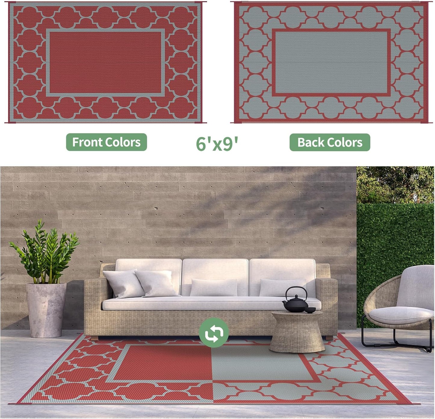 GENIMO Symmetrical Geometric Aesthetic Waterproof Reversible Outdoor Rug Gray