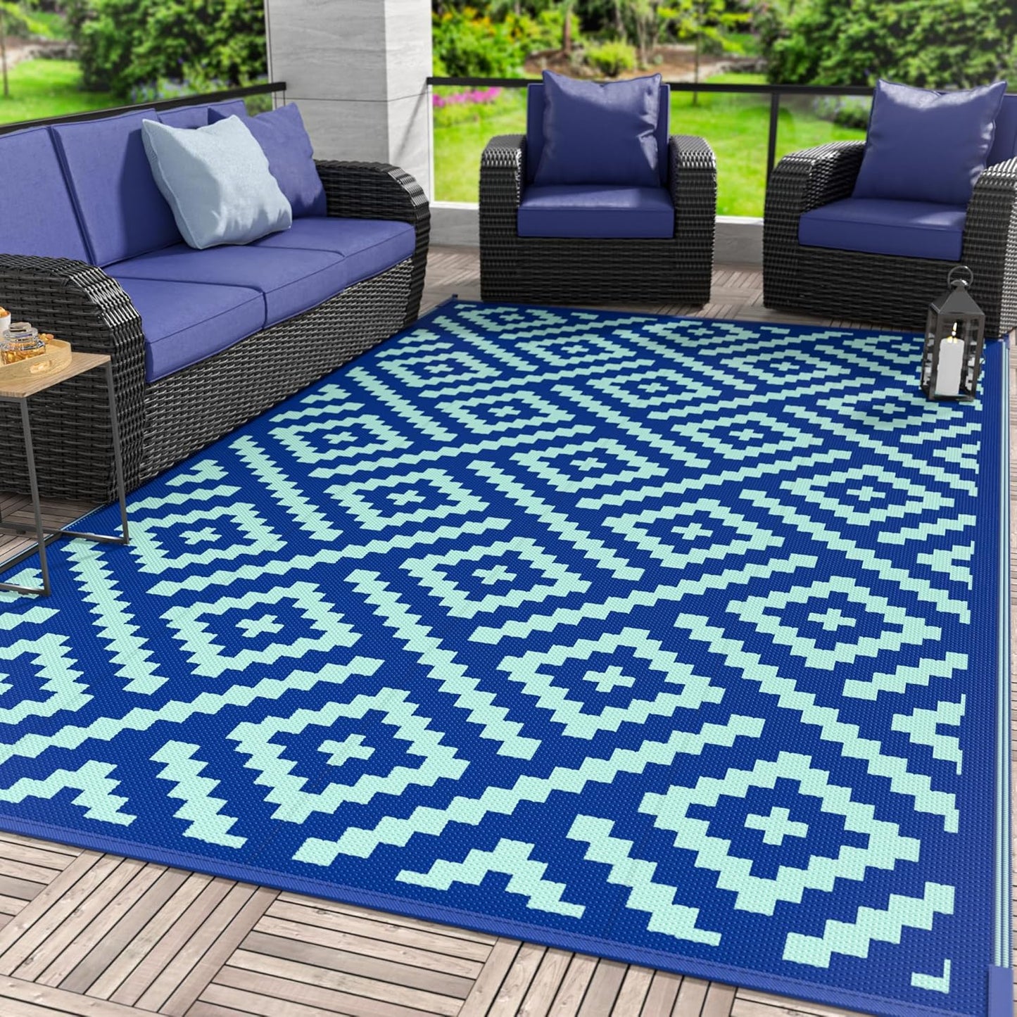 GENIMO Rhombic Printed Double Sided Waterproof Outdoor Rug Blue