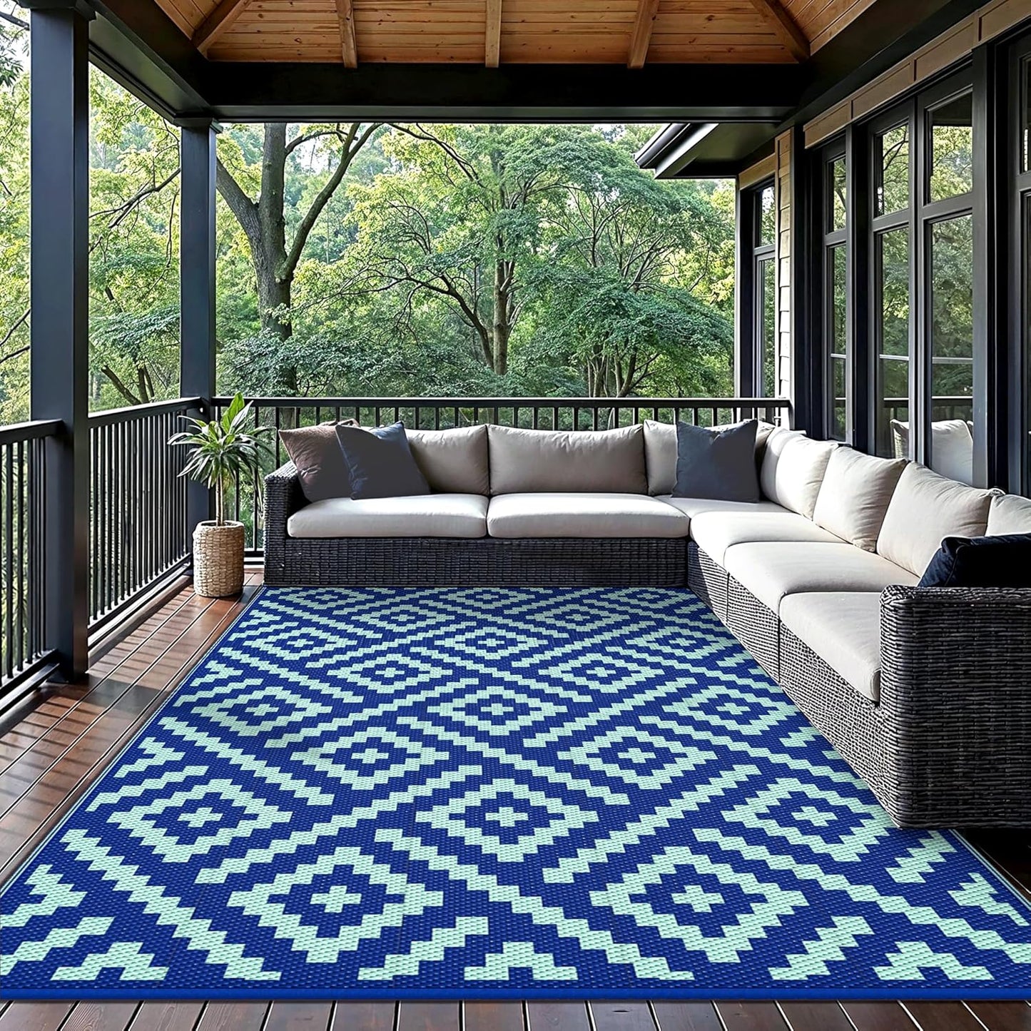 GENIMO Rhombic Printed Double Sided Waterproof Outdoor Rug Blue
