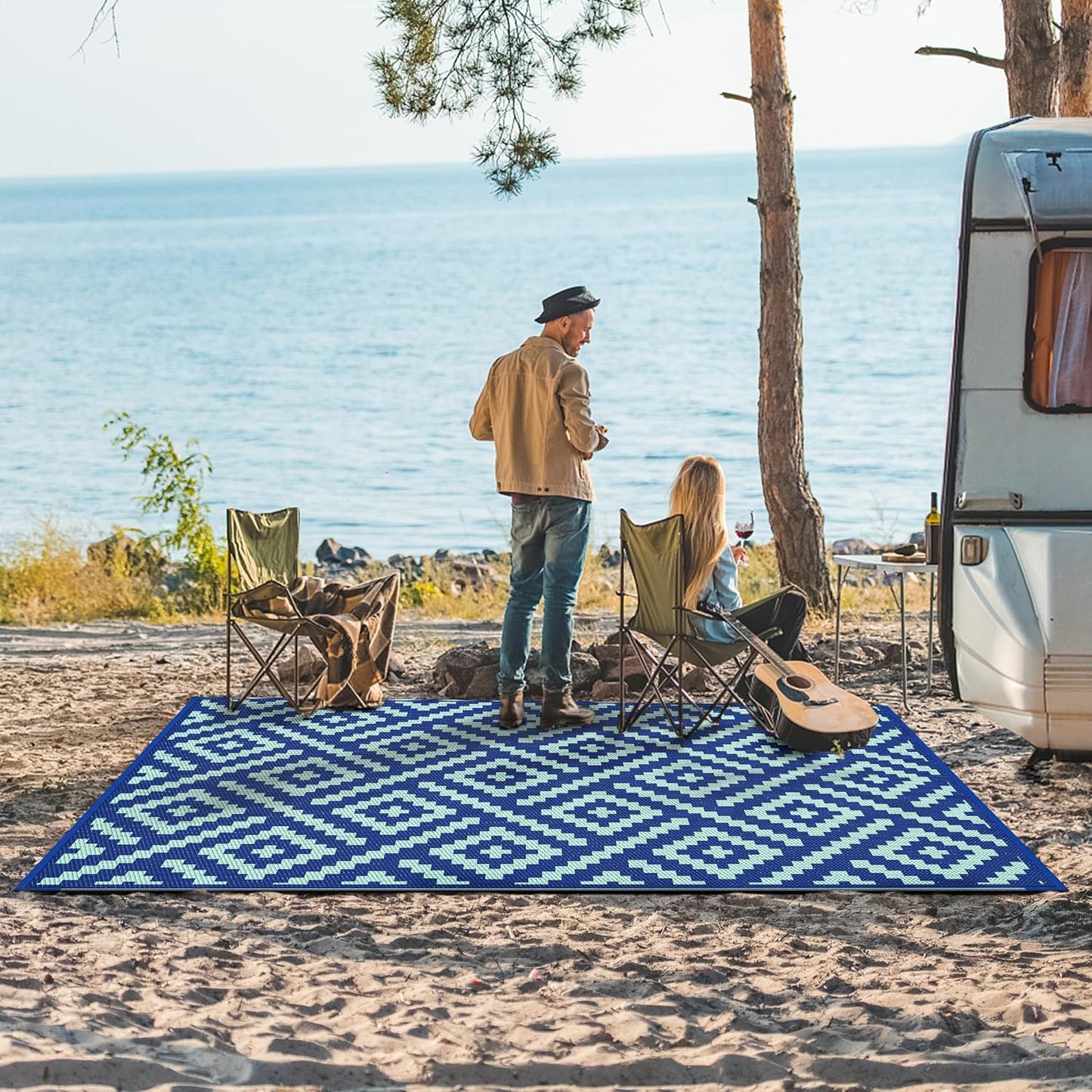 GENIMO Rhombic Printed Double Sided Waterproof Outdoor Rug Blue