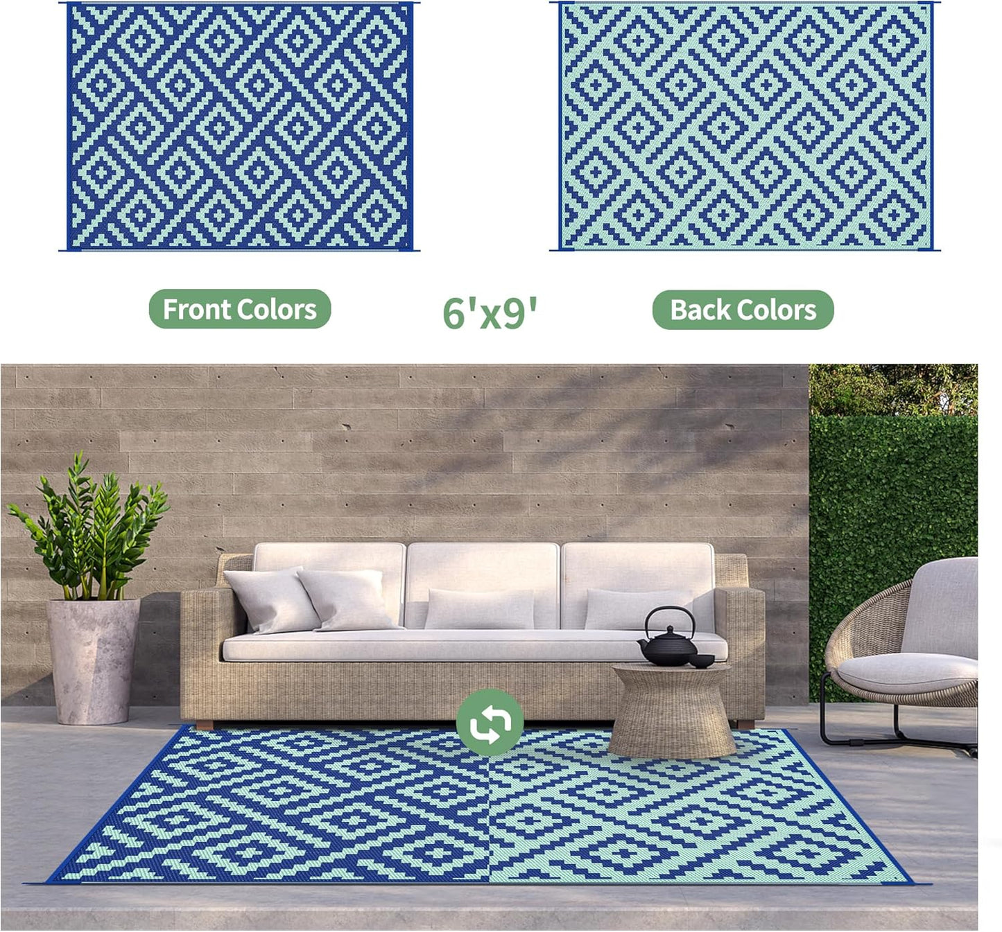 GENIMO Rhombic Printed Double Sided Waterproof Outdoor Rug Blue