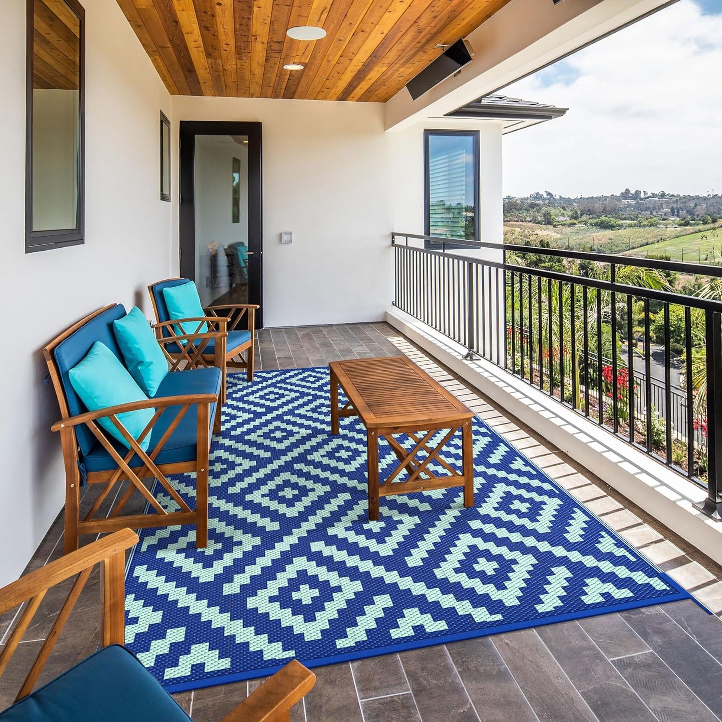 GENIMO Rhombic Printed Double Sided Waterproof Outdoor Rug Blue