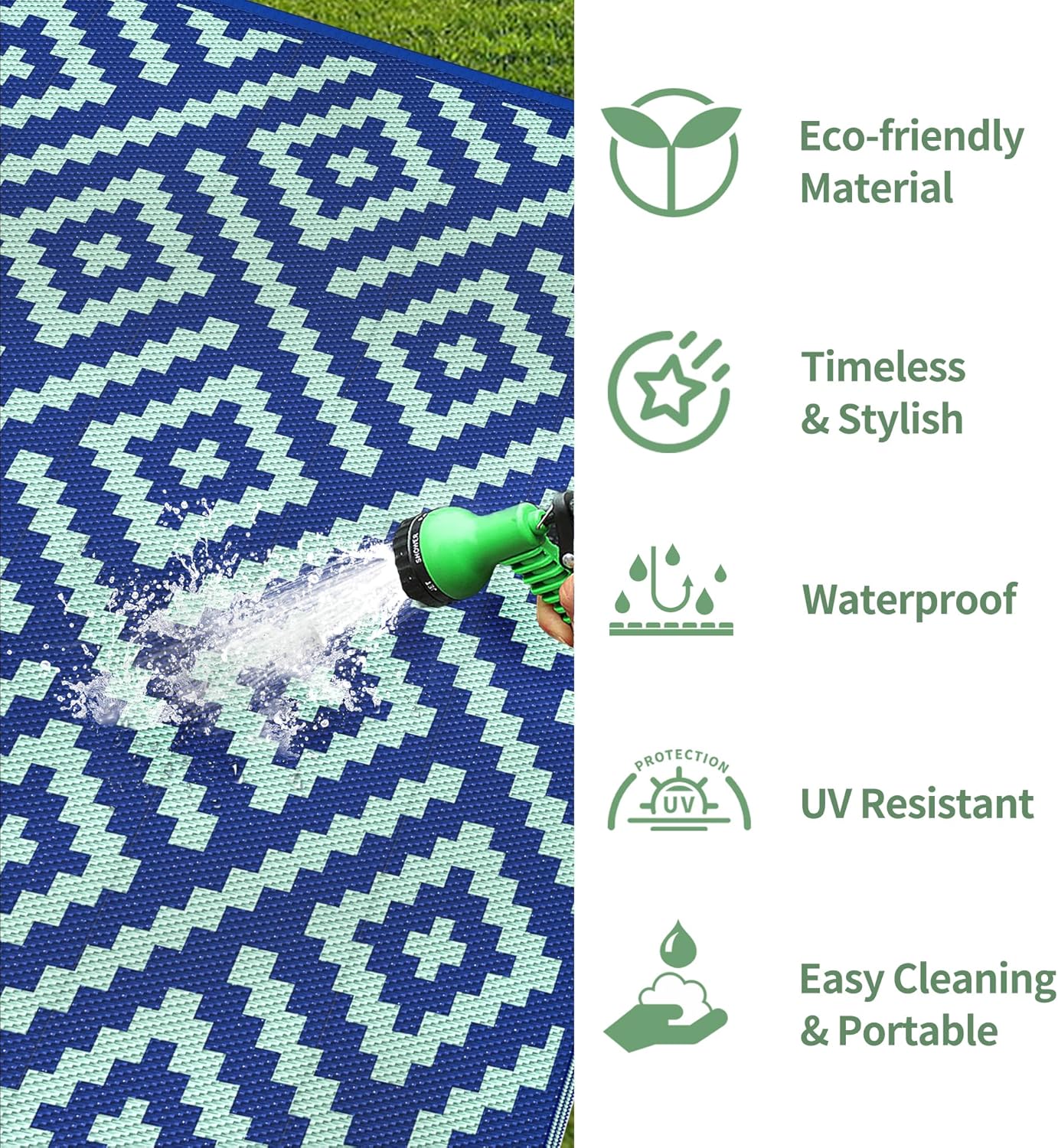 GENIMO Rhombic Printed Double Sided Waterproof Outdoor Rug Blue