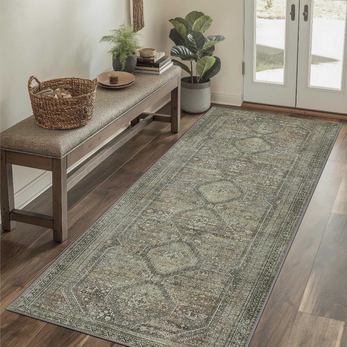 GENIMO Machine Washable Runner Rug Non Slip Carpet with Gripper Green/Blue