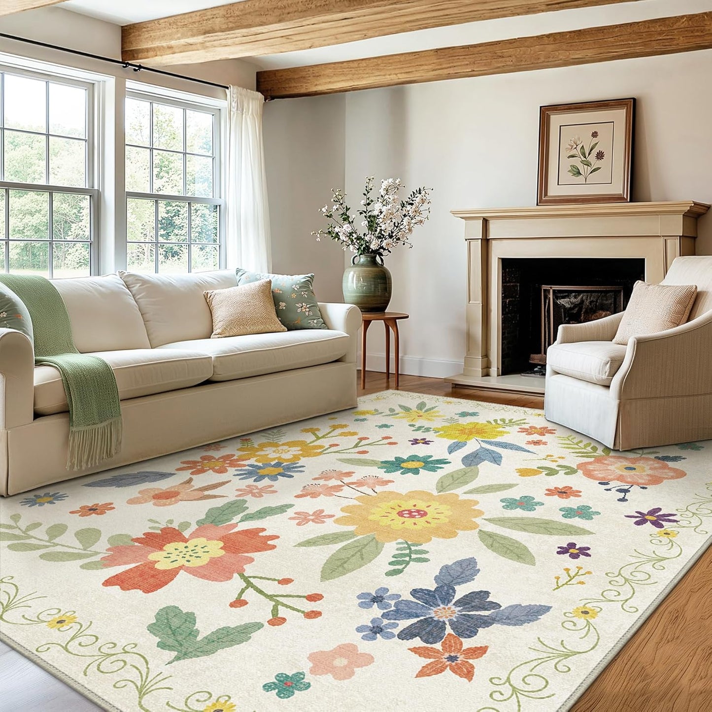 GENIMO Large Floral Print Non-Slip Kids Pet Friendly Area Rug