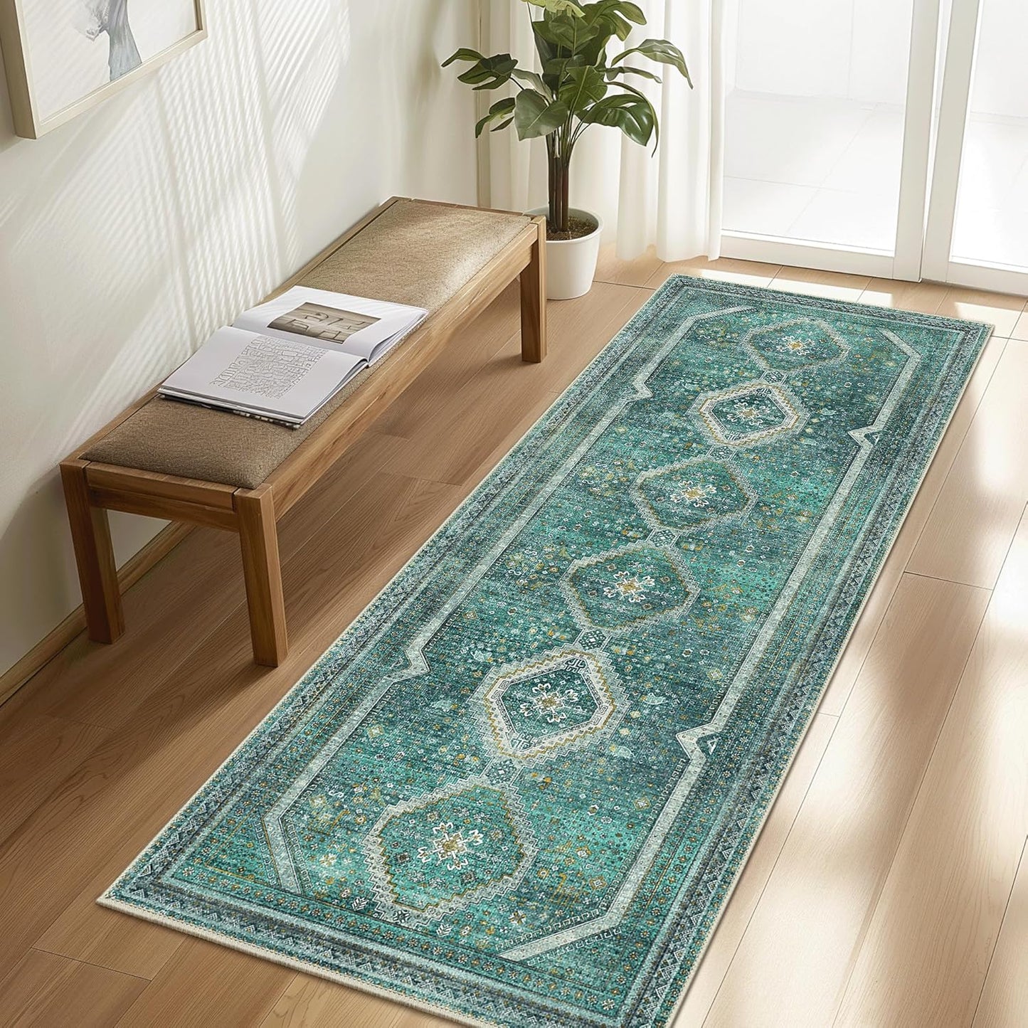 GENIMO Machine Washable Runner Rug Non Slip Carpet with Gripper Green/Blue