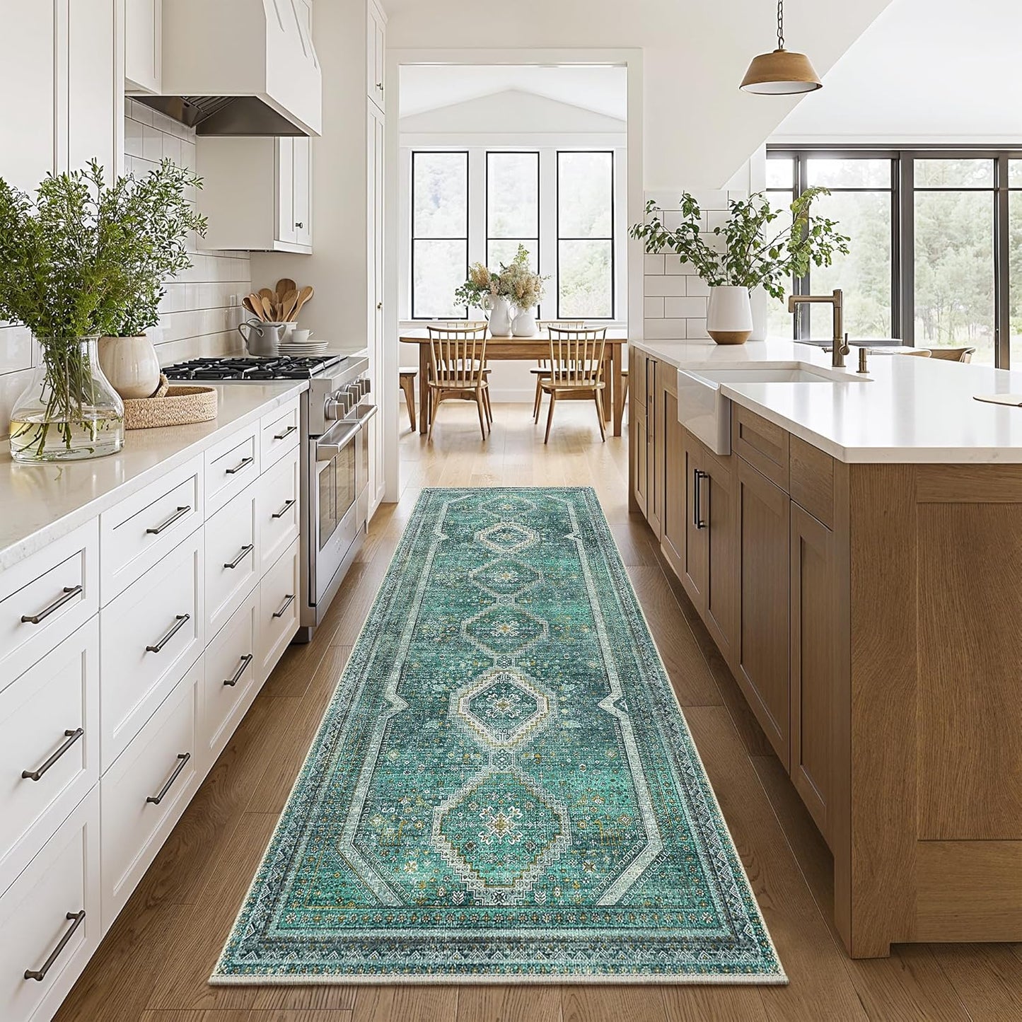 GENIMO Machine Washable Runner Rug Non Slip Carpet with Gripper Green/Blue