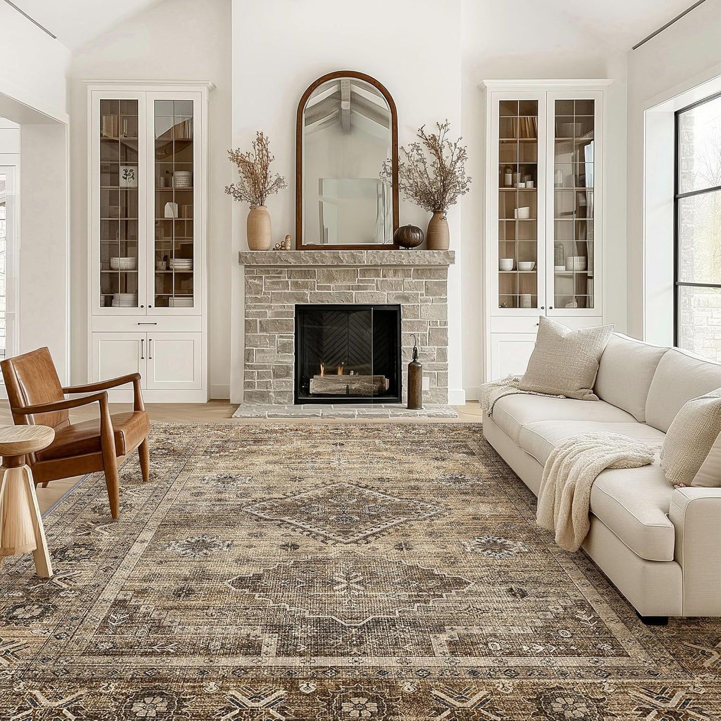 GENIMO Fantasy Geometric Floral Print Non-Slip Washable Area Rug Brown