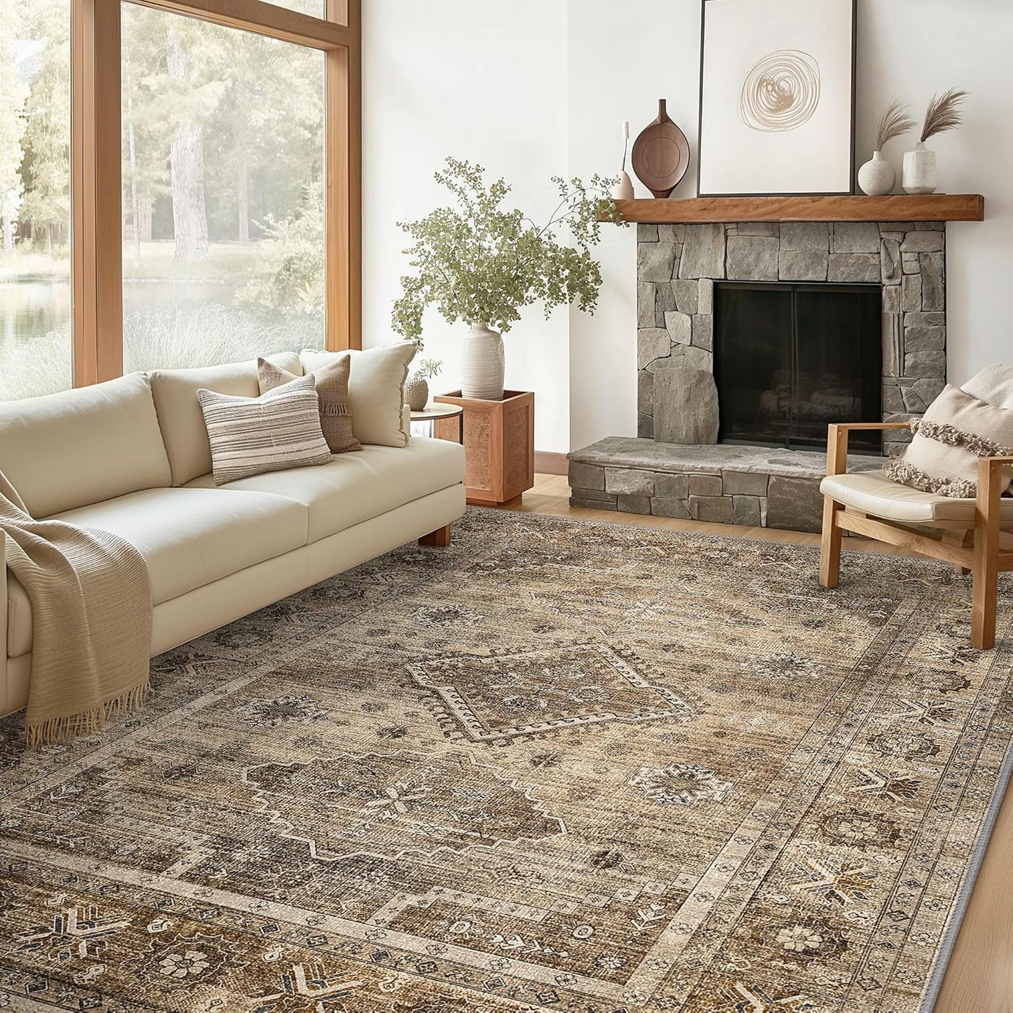 GENIMO Fantasy Geometric Floral Print Non-Slip Washable Area Rug Brown