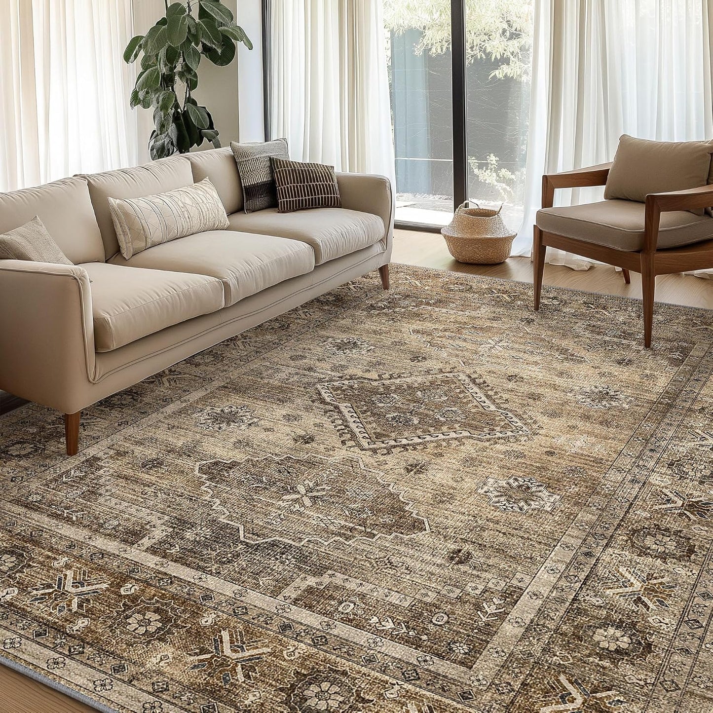 GENIMO Fantasy Geometric Floral Print Non-Slip Washable Area Rug Brown