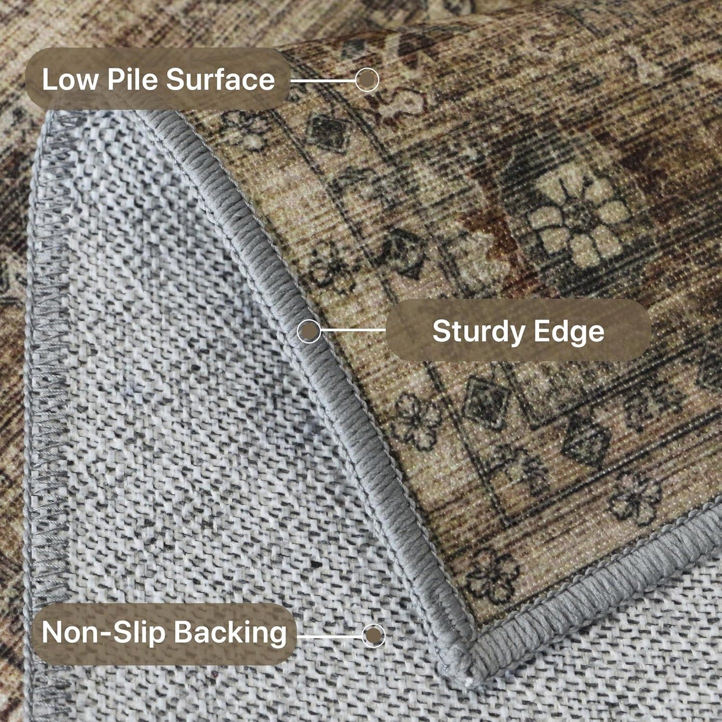 GENIMO Fantasy Geometric Floral Print Non-Slip Washable Area Rug Brown