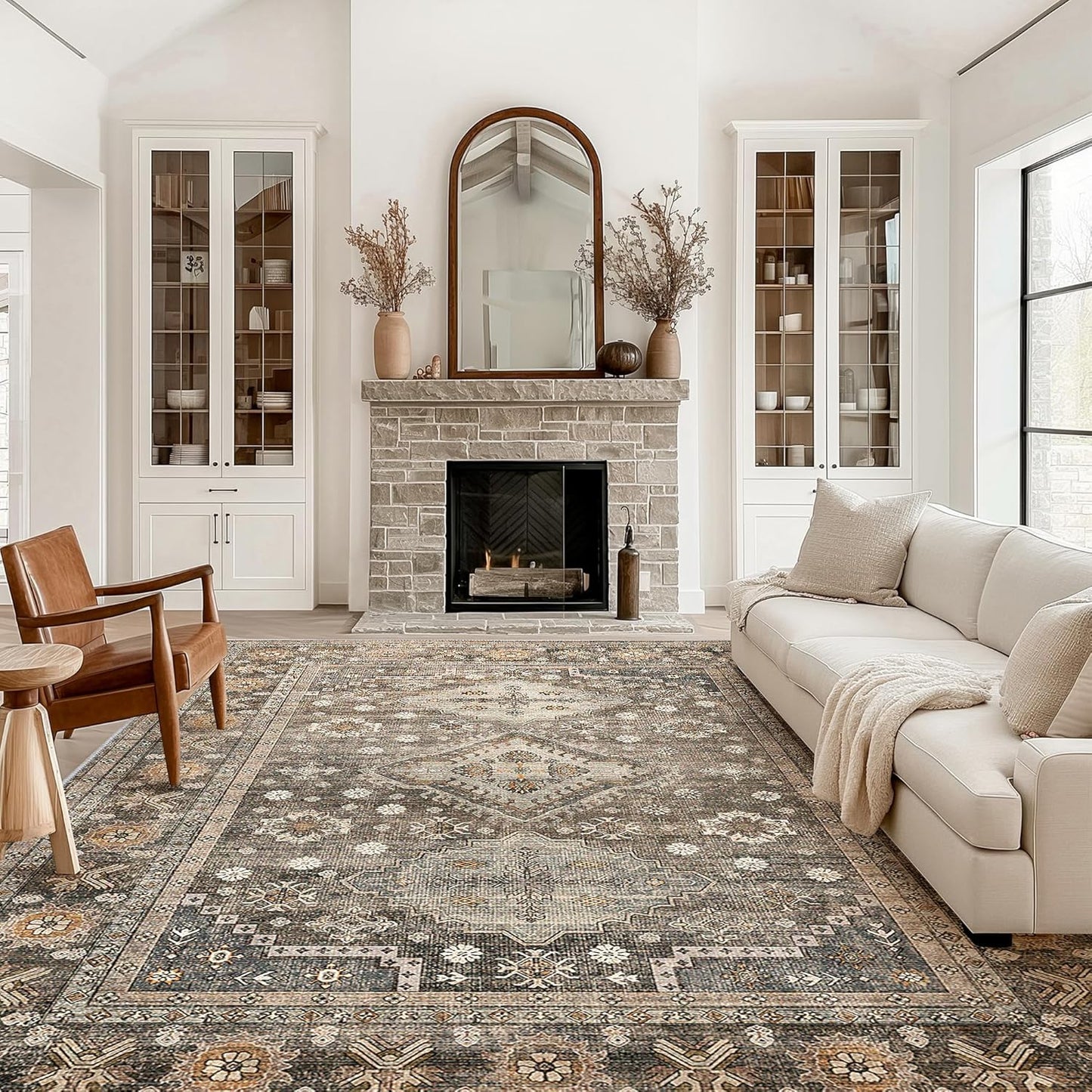 GENIMO Fantasy Geometric Floral Print Non-Slip Washable Area Rug Brown