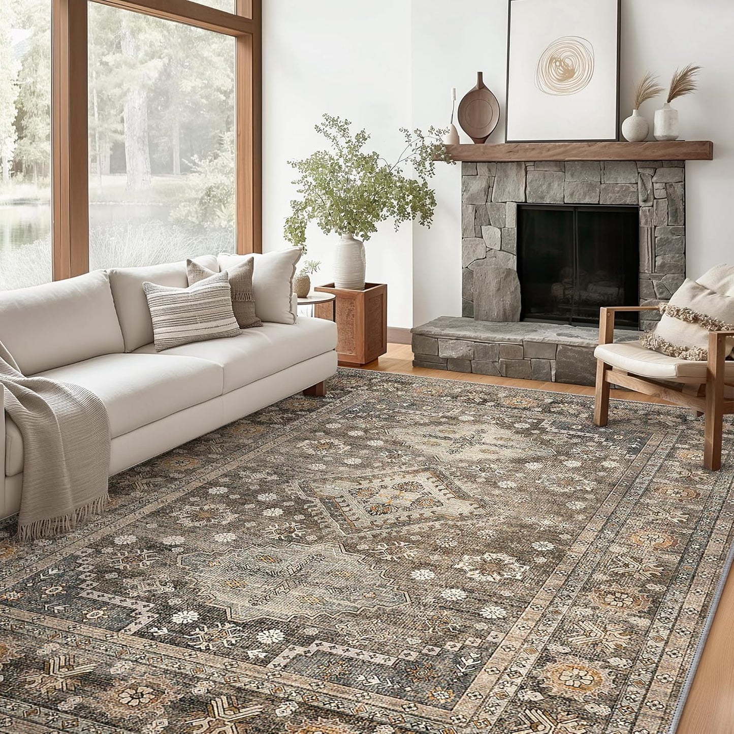 GENIMO Fantasy Geometric Floral Print Non-Slip Washable Area Rug Brown