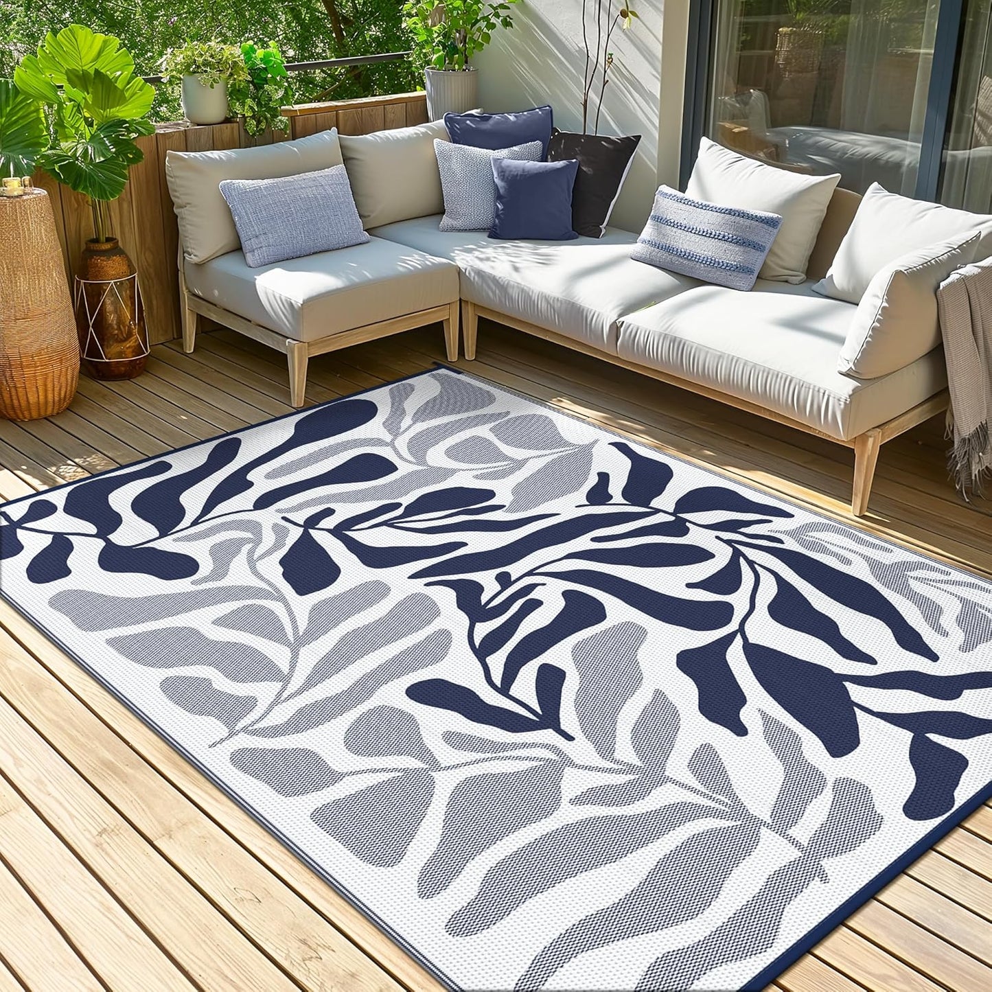 GENIMO Abstract Leaf Print Waterproof Outdoor Rug