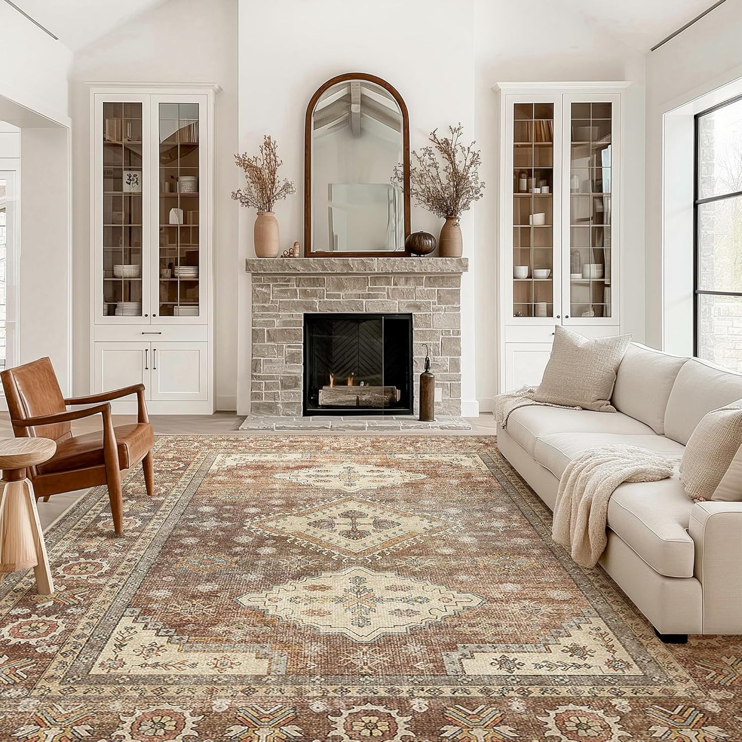 GENIMO Fantasy Geometric Floral Print Non-Slip Washable Area Rug Brown