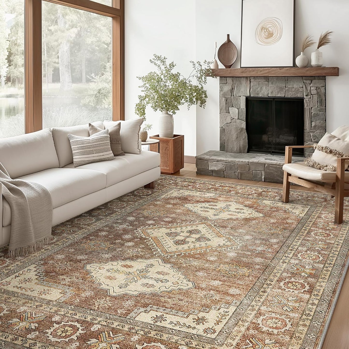 GENIMO Fantasy Geometric Floral Print Non-Slip Washable Area Rug Brown