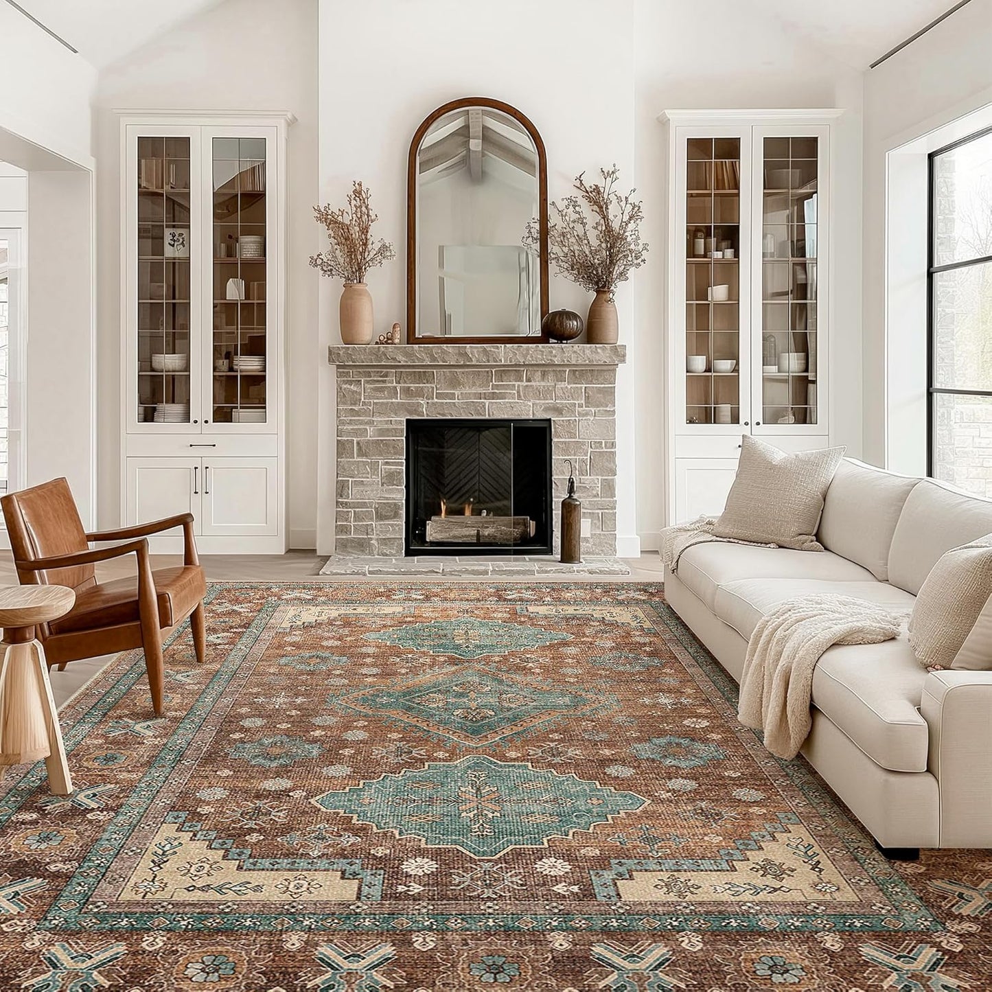 GENIMO Fantasy Geometric Floral Print Non-Slip Washable Area Rug Brown