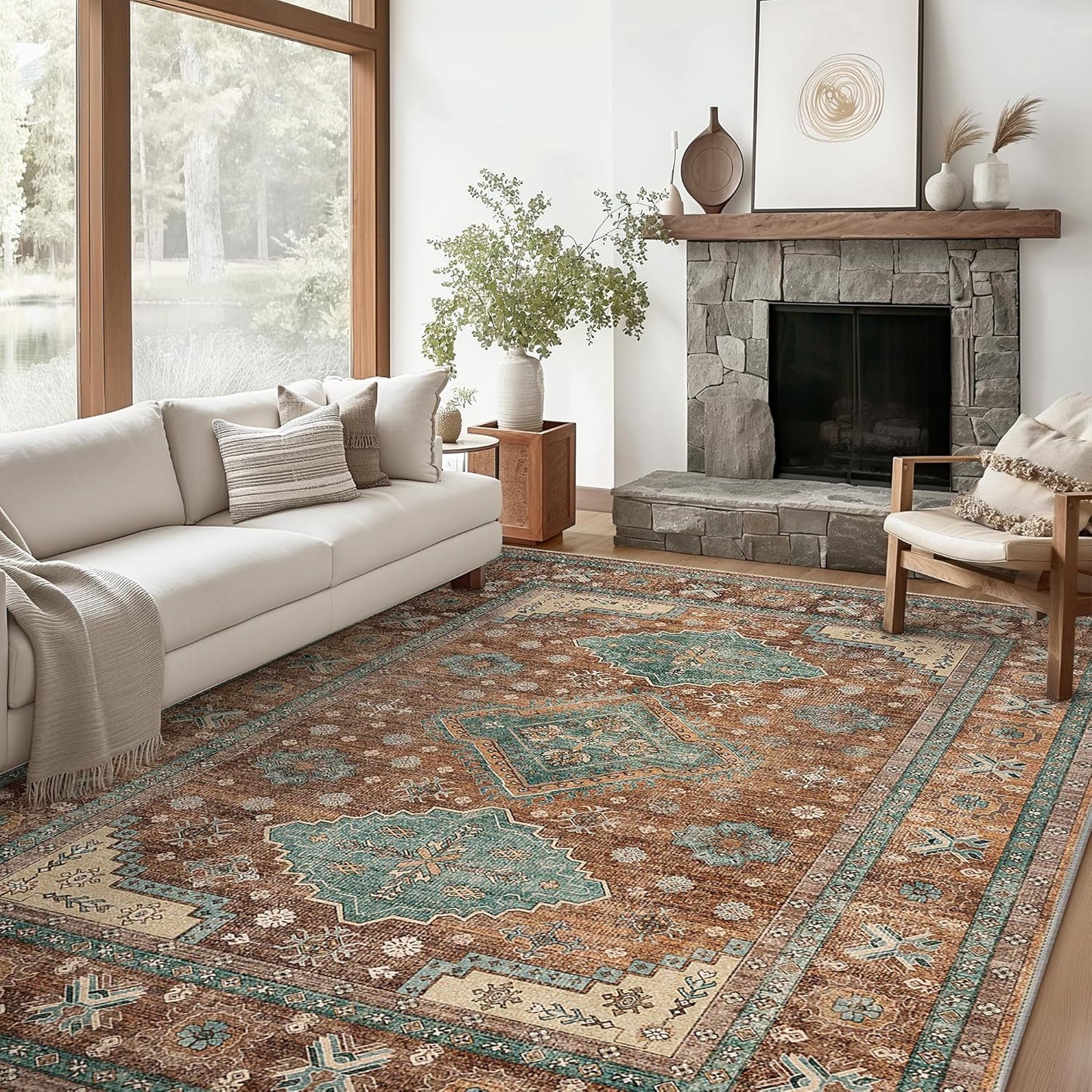 GENIMO Fantasy Geometric Floral Print Non-Slip Washable Area Rug Brown