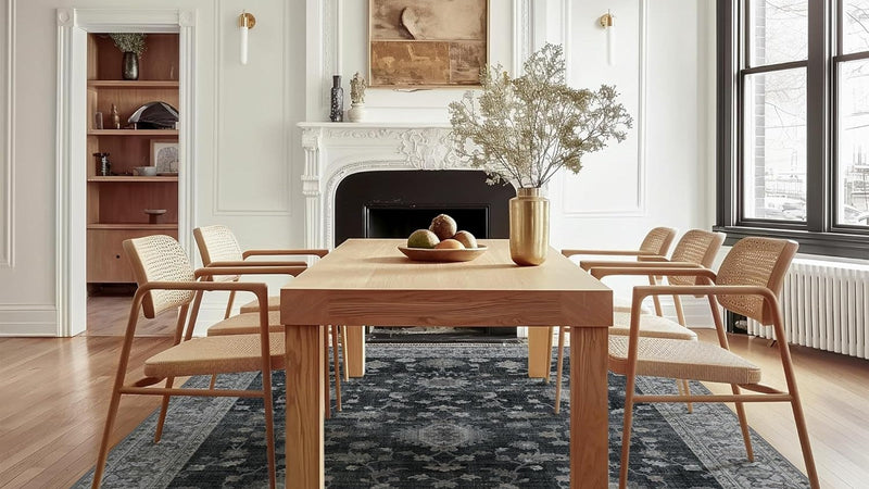 Kelira washable charcoal floral rug under a six-seat wooden dining table