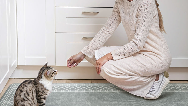 Woman feeding a tabby cat on a green washable GENIMO mat in the kitchen