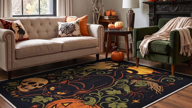 Ashen black cat Halloween rug in a living room with a beige sofa and pumpkins