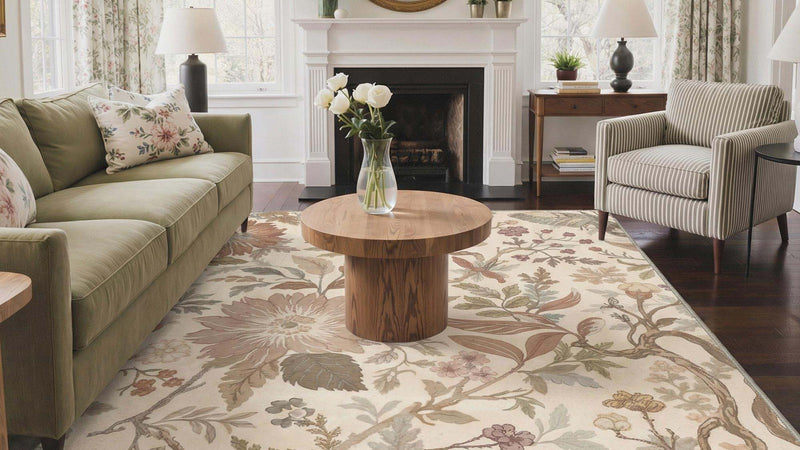 Floral washable rug under a green sofa and coffee table in a living room