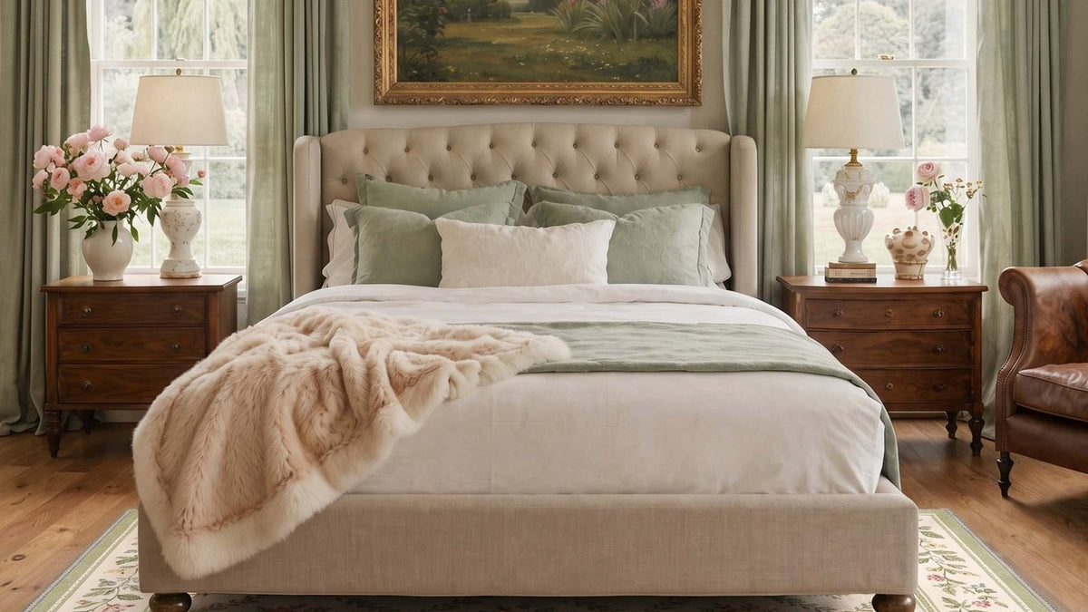 Floral washable rug placed under a queen bed with the front two-thirds on the rug