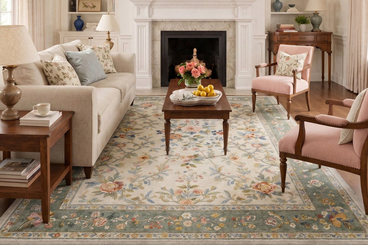 Petra botanical floral beige and green rug under a cream sofa, wood coffee table and pink armchairs