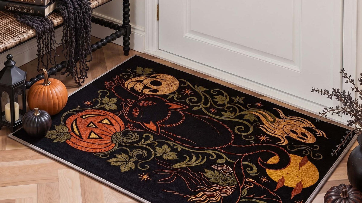 Black Halloween cat doormat rug at a white front door with pumpkins