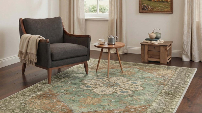 GENIMO washable Persian medallion rug in a living room with a green sofa
